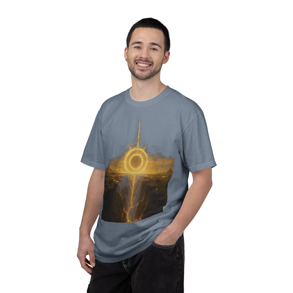 Power Runs Black PRB Golden Eclipse Portal T-shirt | Fantasy Landscape, Mystic Ring, Tower Art by Power Runs Black