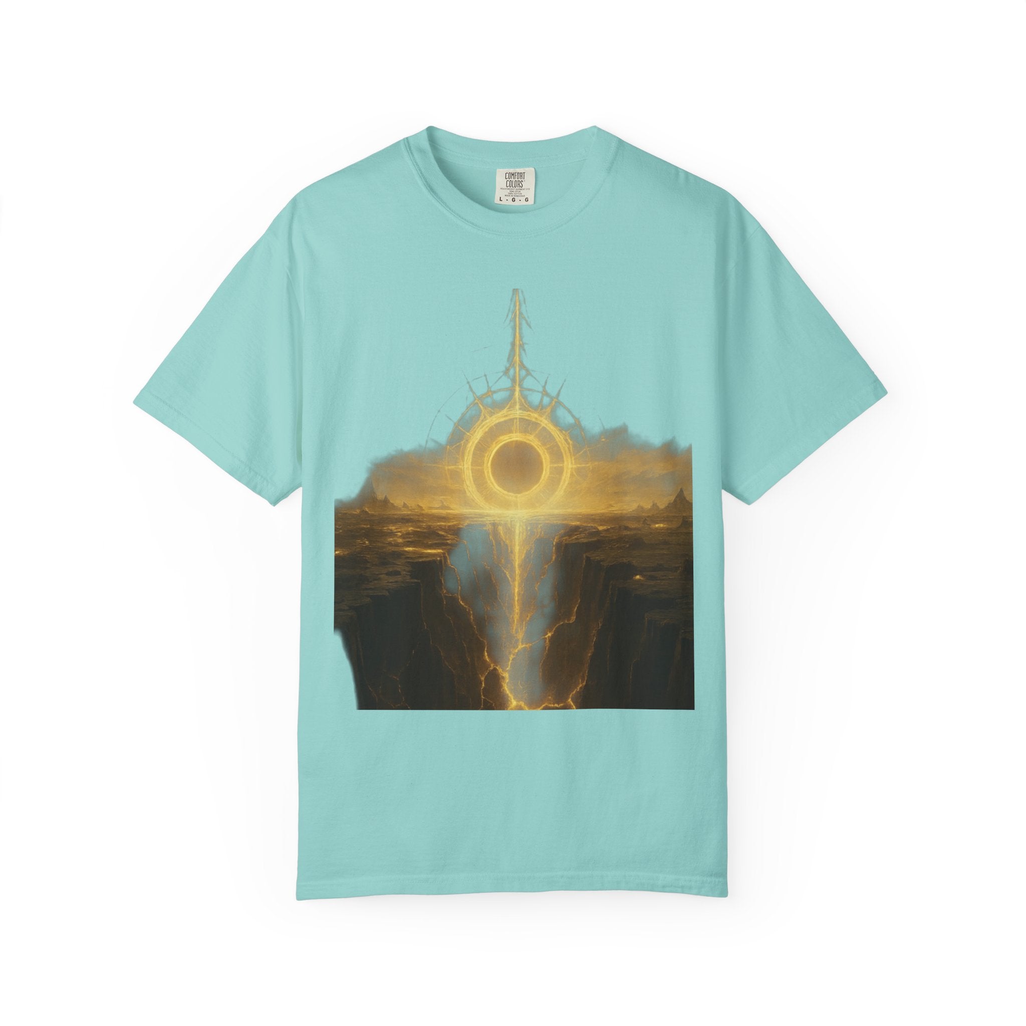 Power Runs Black PRB Golden Eclipse Portal T-shirt | Fantasy Landscape, Mystic Ring, Tower Art by Power Runs Black