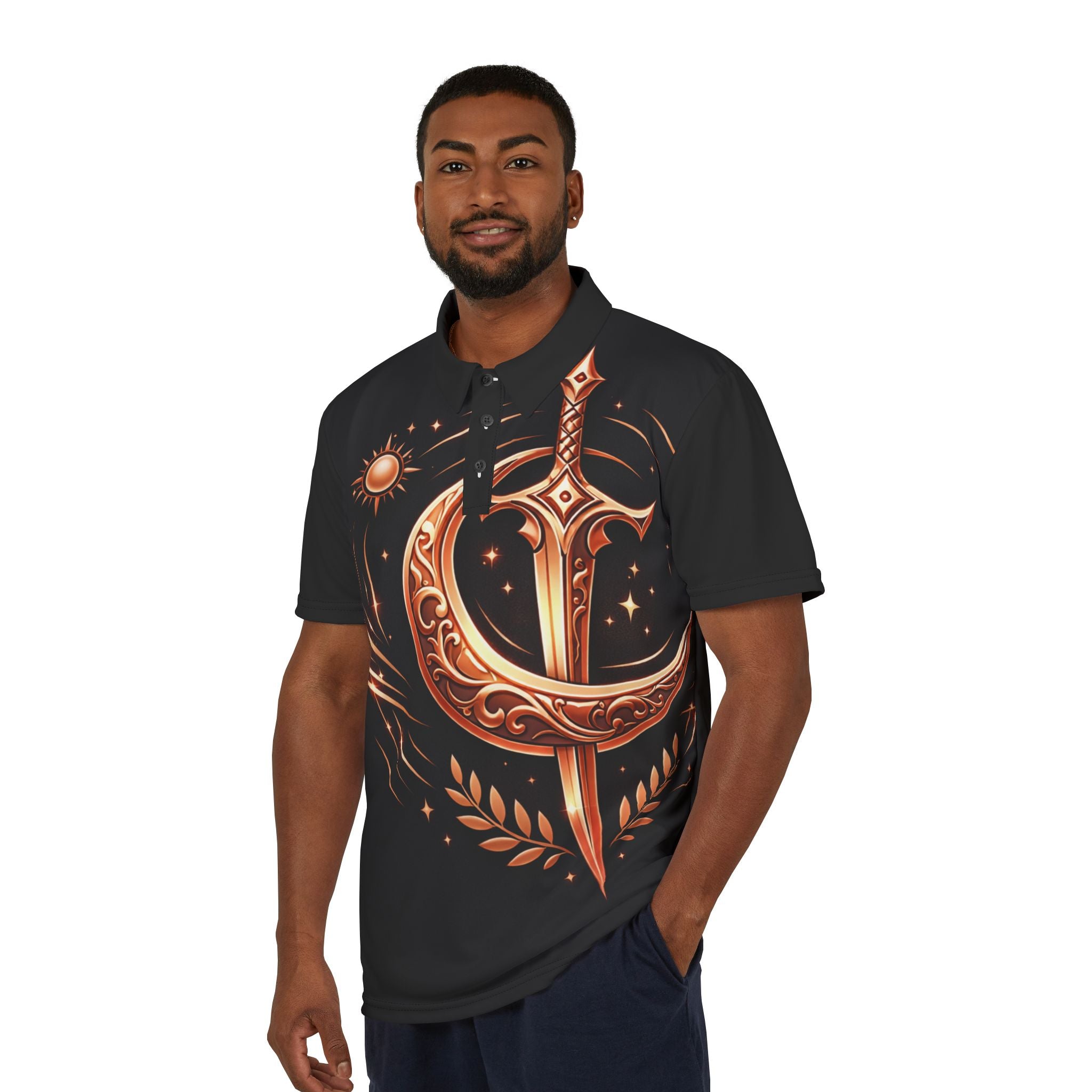 PRB Crescent Sword Emblem Polo Shirt | Ornate Crescent Moon and Blade Design by Power Runs Black