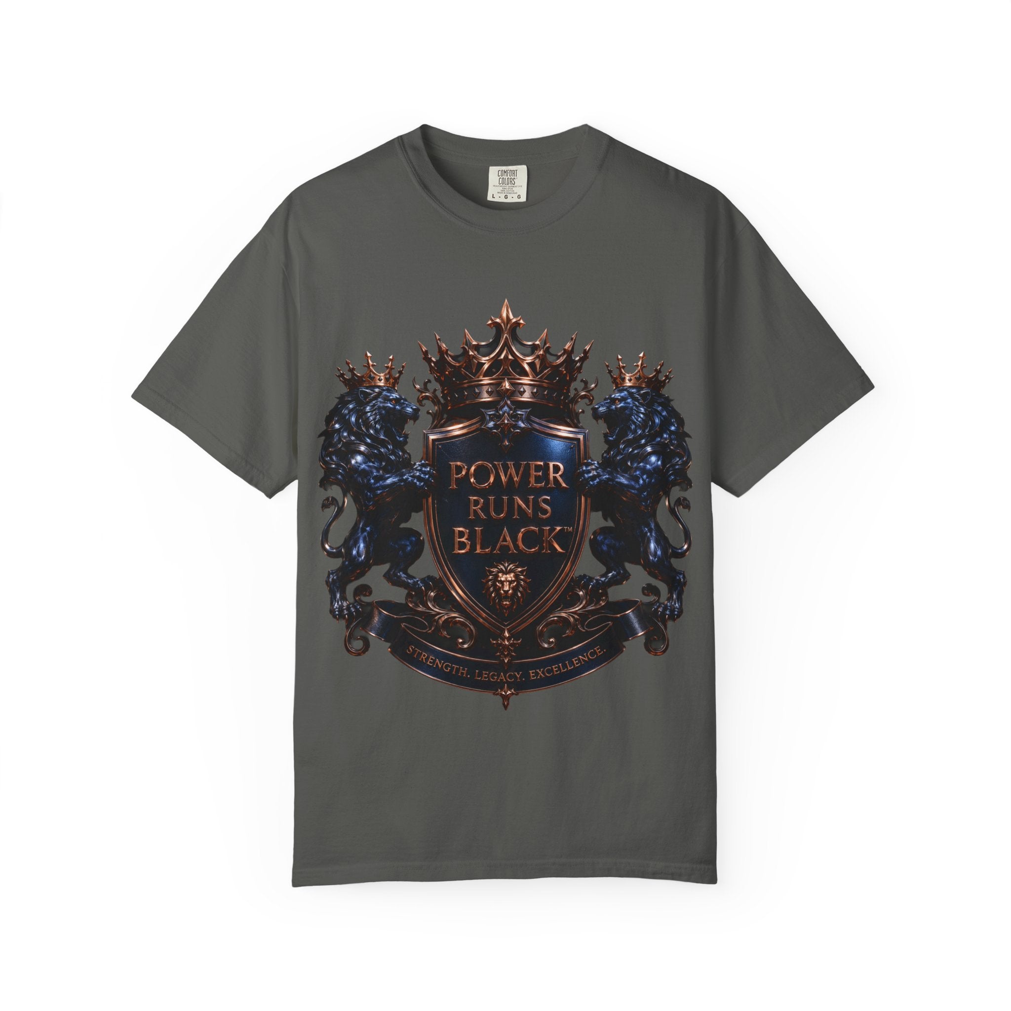 Power Runs Black Crest T-shirt | Heraldic Lion Shield Tee by Power Runs Black