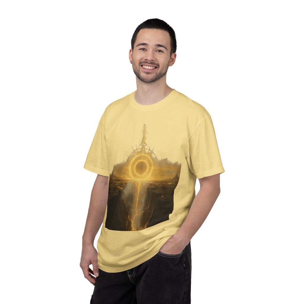 Power Runs Black PRB Golden Eclipse Portal T-shirt | Fantasy Landscape, Mystic Ring, Tower Art by Power Runs Black