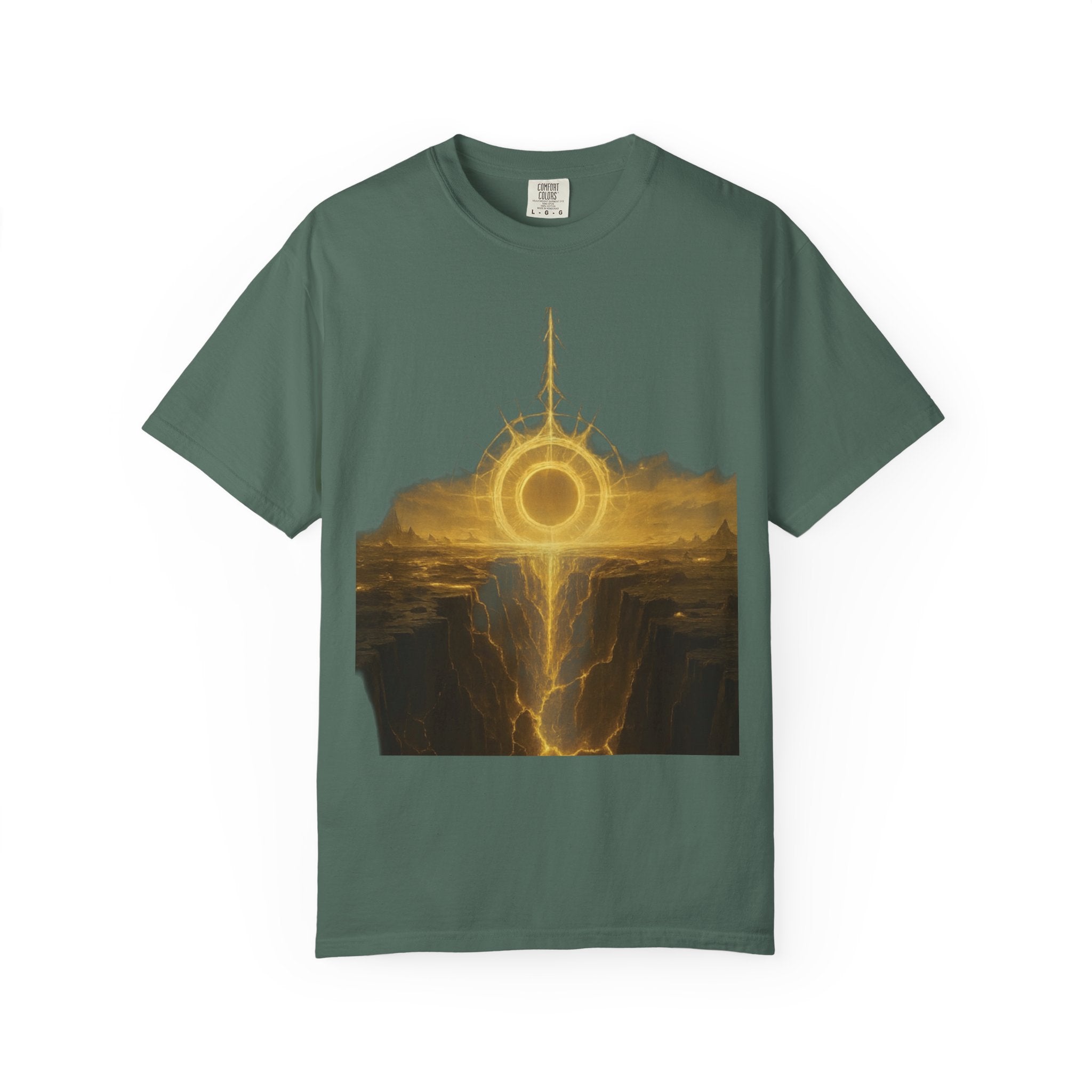 Power Runs Black PRB Golden Eclipse Portal T-shirt | Fantasy Landscape, Mystic Ring, Tower Art by Power Runs Black
