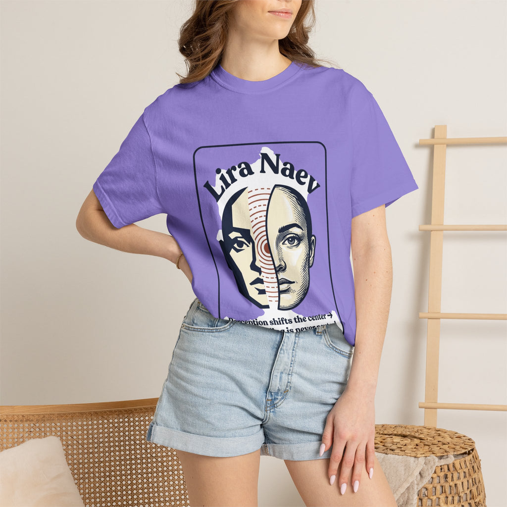 Power Runs Black PRB Lira Naev Split-Face Graphic T-Shirt — “Perception shifts the center” Statement Tee by Printify