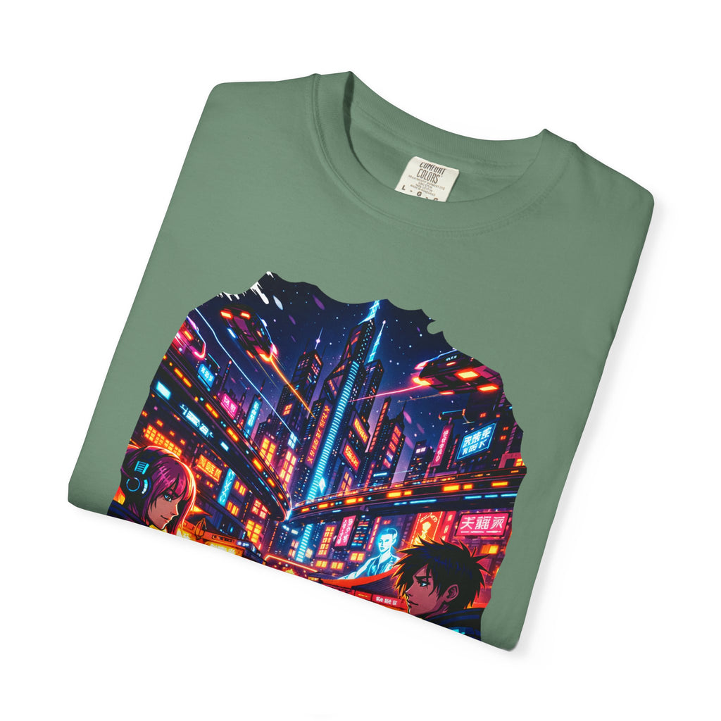 PRB Neon Cyberpunk Cityscape T-shirt | Anime Night Rain Streets by Power Runs Black