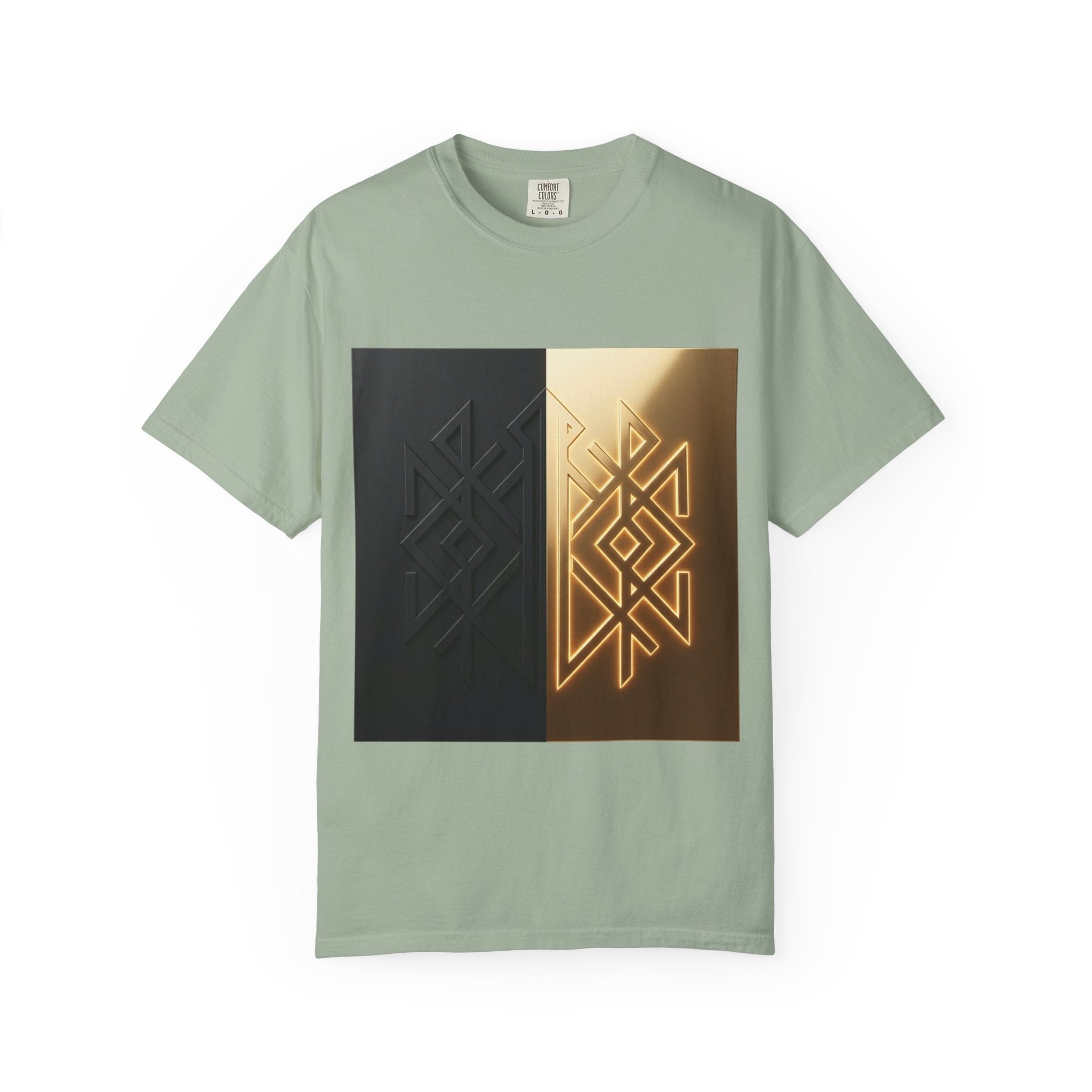 Power Runs Black PRB Geometric Split Glow T-Shirt — Black & Gold Tribal Diamond Graphic by Power Runs Black