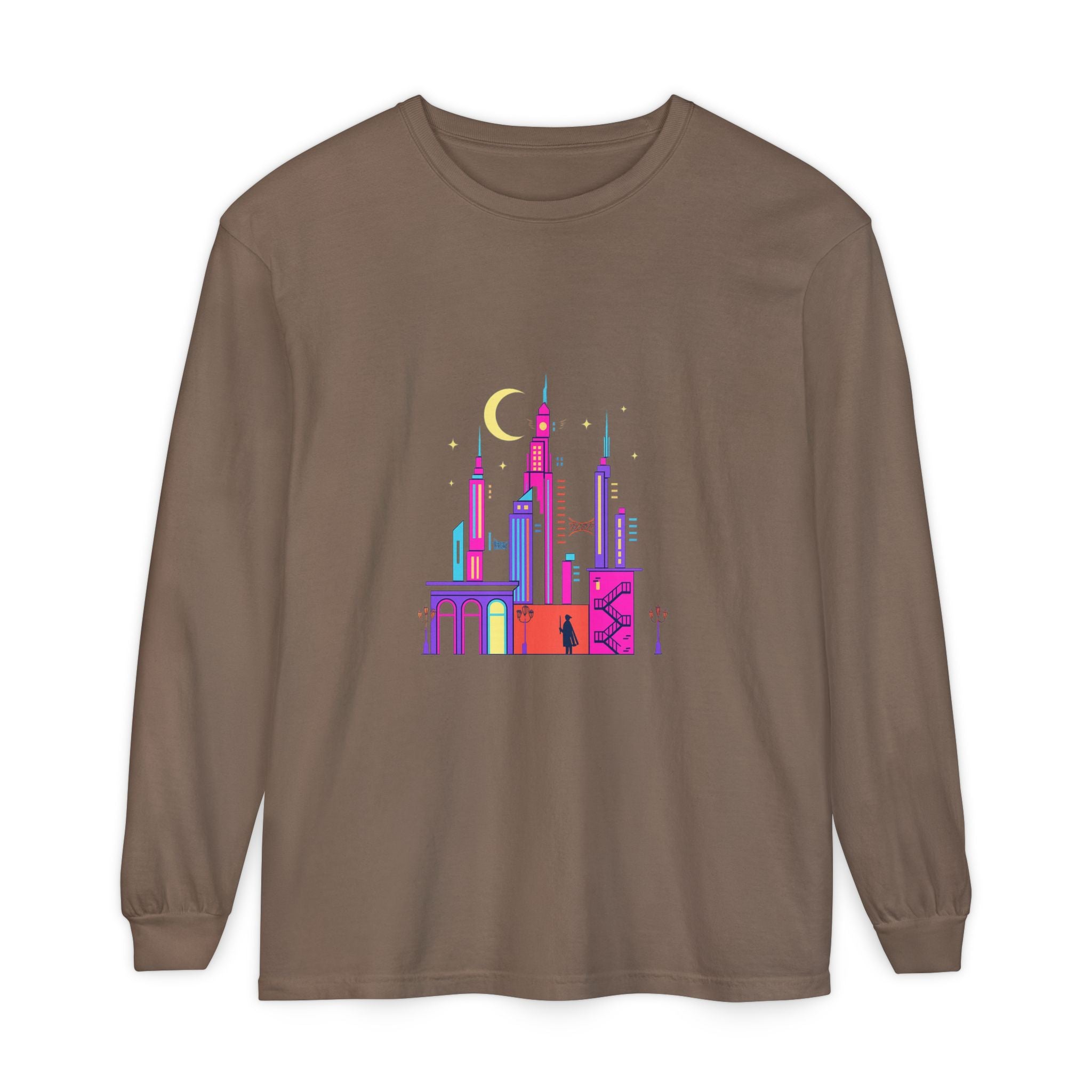 PRB Neon City Skyline Long Sleeve Shirt | Urban Nightscape Illustration by Power Runs Black