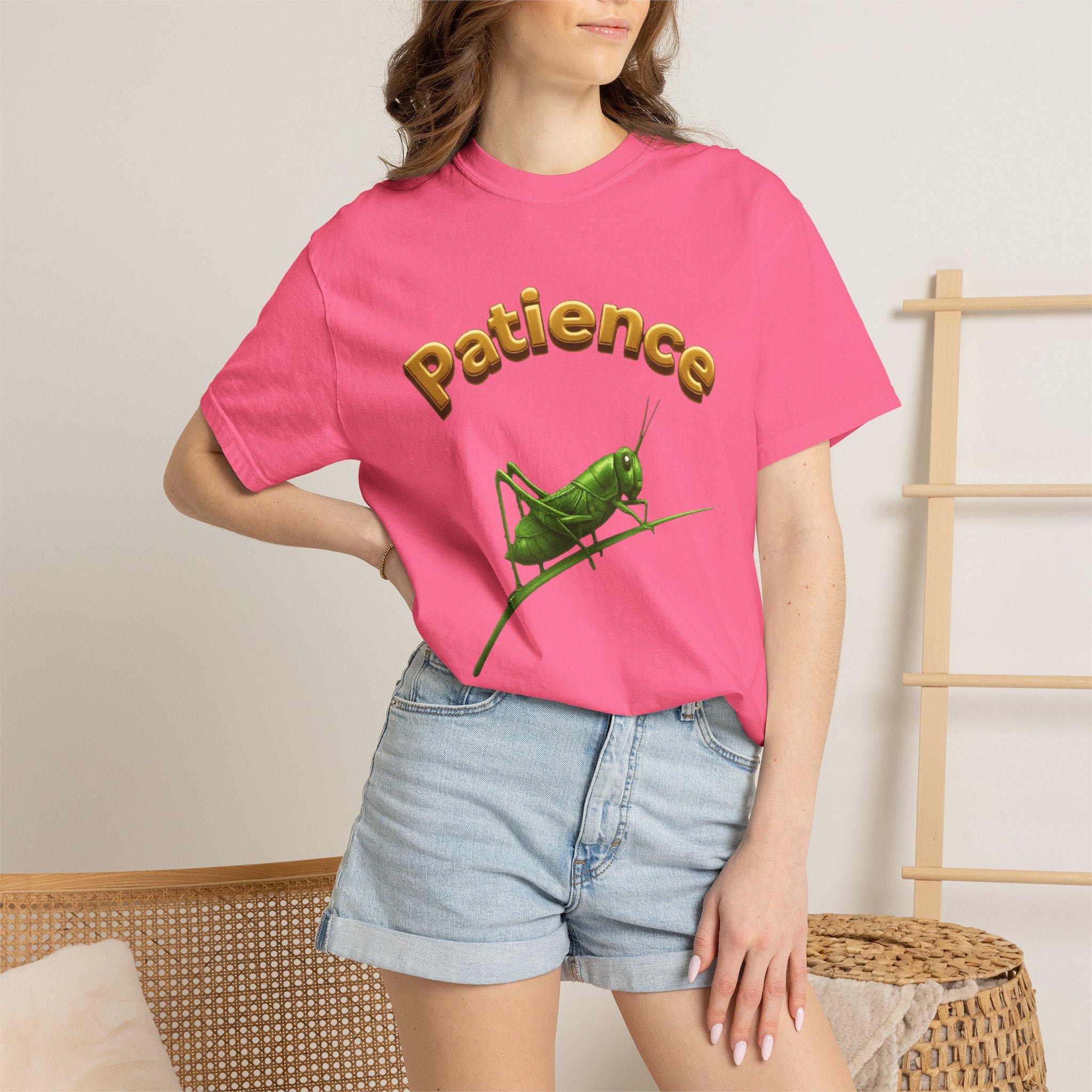 PRB Patience Grasshopper T-shirt | Green Grasshopper Illustration, Positive Quote by Printify