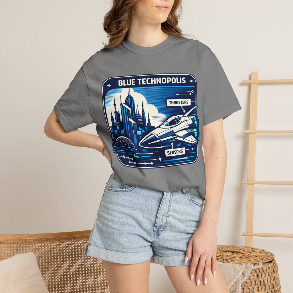 Power Runs Black PRB Technopolis Spacecraft T-Shirt — Blue Technopolis Retro Sci‑Fi Tee by Power Runs Black