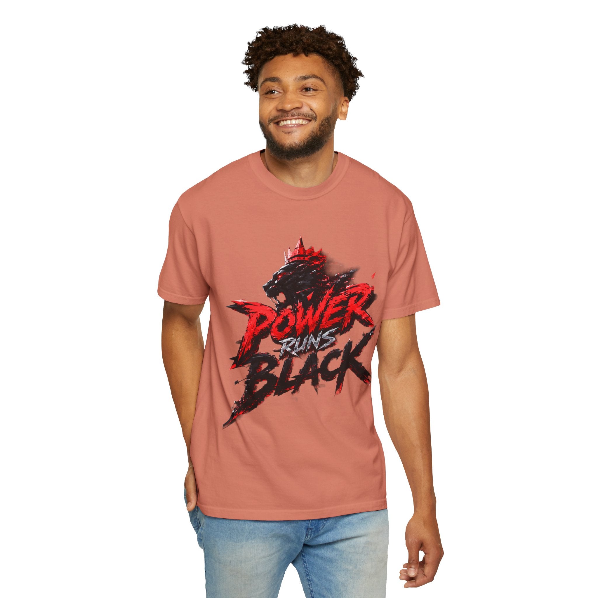 Power Runs Black T-shirt | Wolf Silhouette, Red Black Graphic Tee by Power Runs Black
