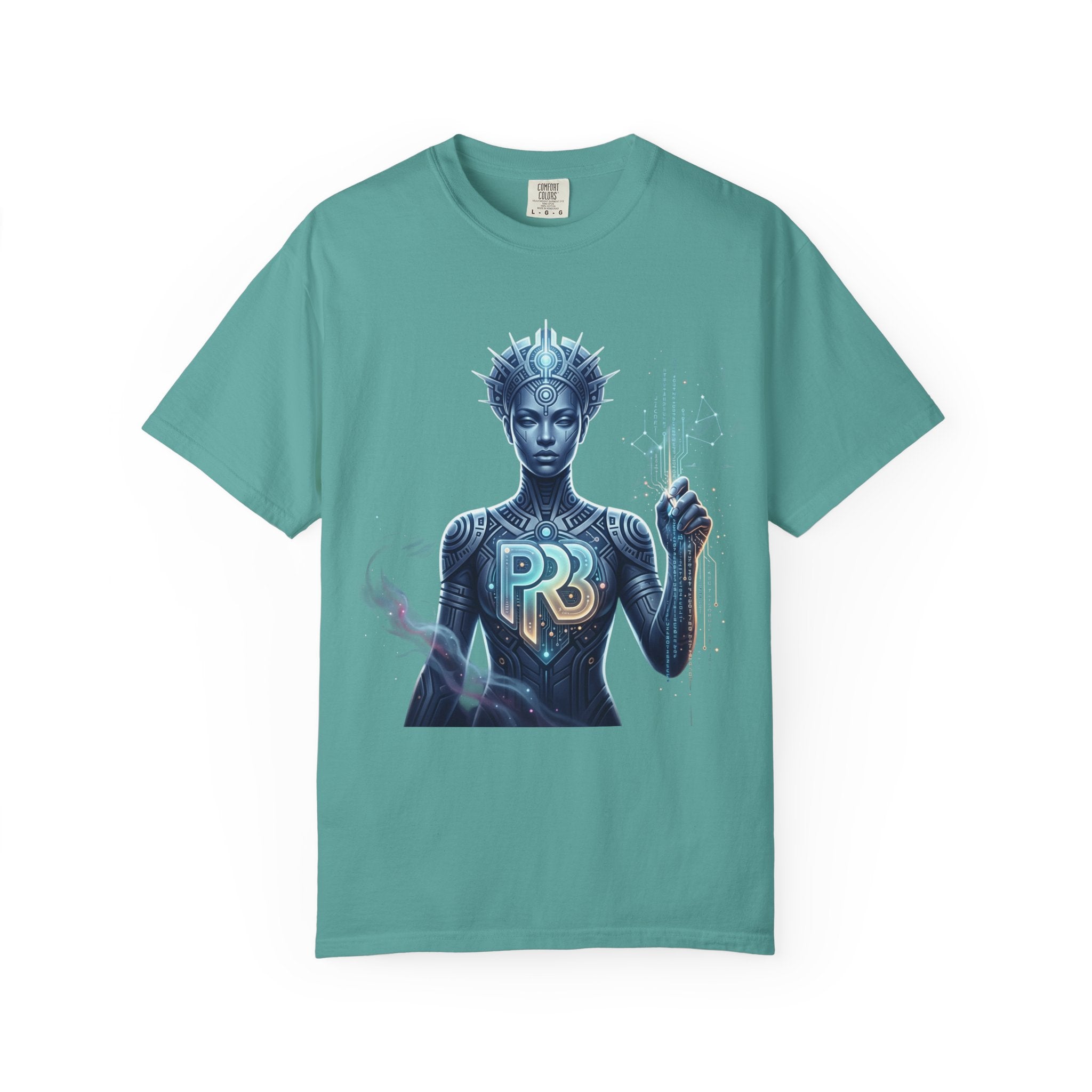 Printify PRB Divine Code Architect 4K Futuristic Blue Android with PR Chest Logo T-Shirt - T-Shirt