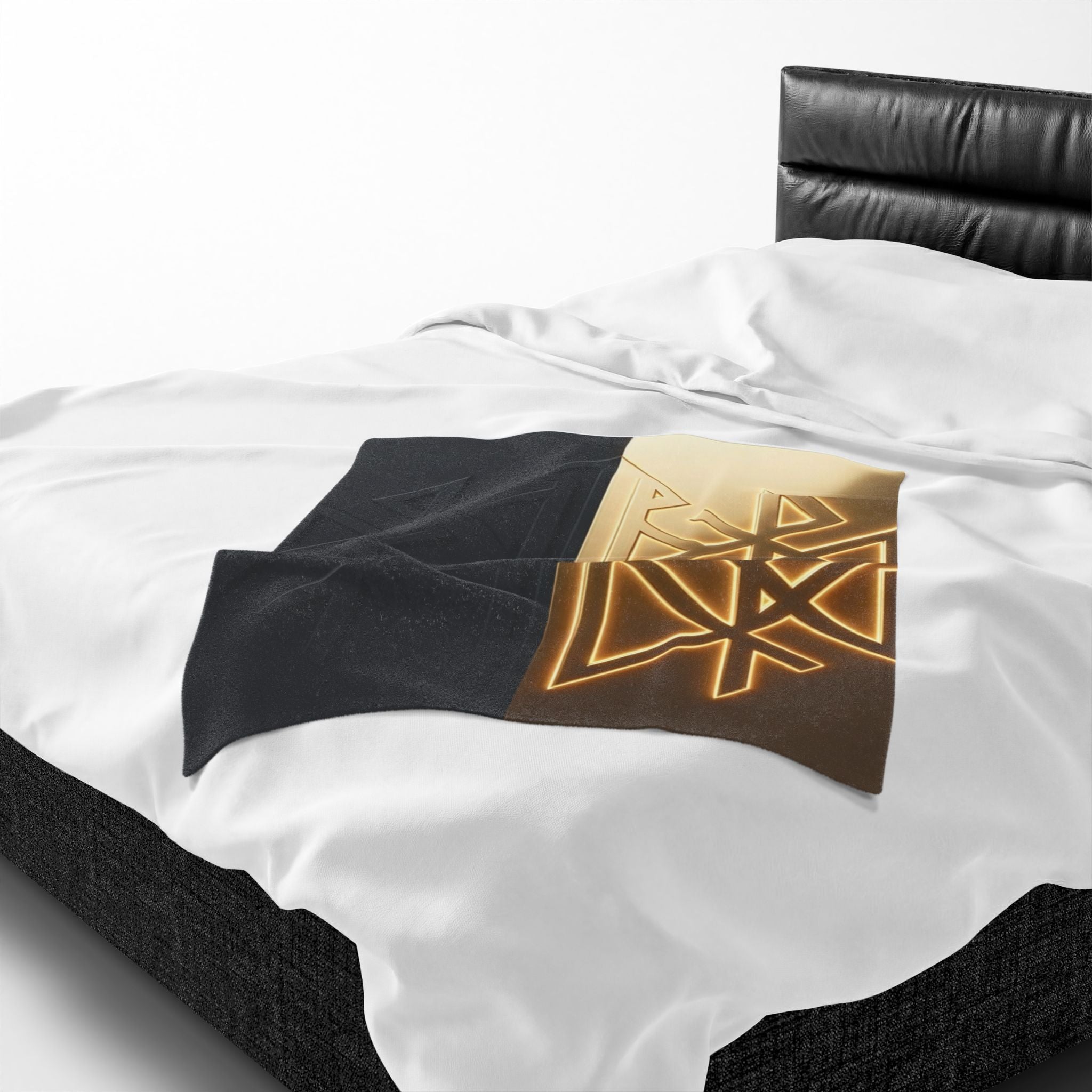 Power Runs Black PRB Velveteen Plush Blanket — Geometric Gold & Black Nordic Rune Throw by Power Runs Black