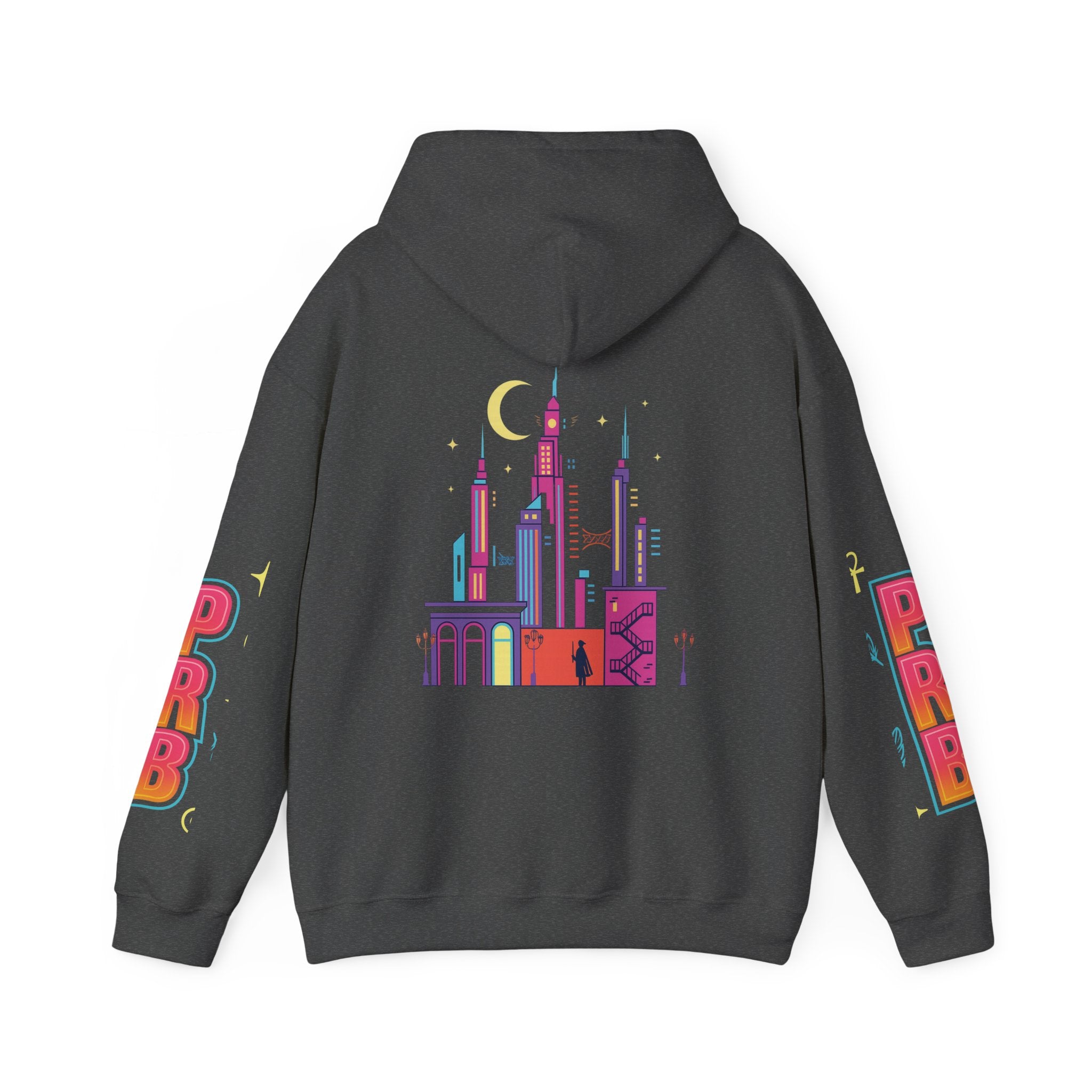 PRB Graphic Hoodie — Colorful Cityscape Pullover by Power Runs Black