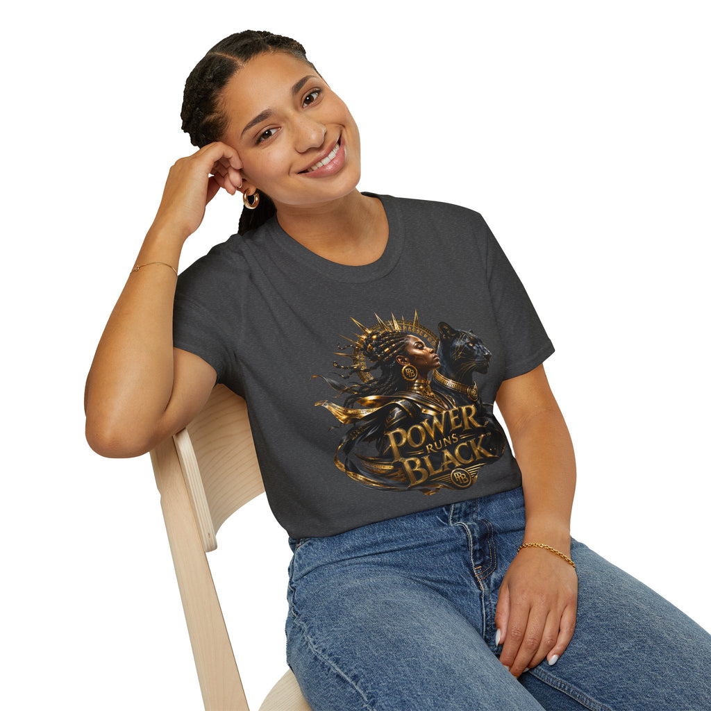 Power Runs Black PRB | Black Woman Portrait, Gold Accents Panther Graphics T by Printify