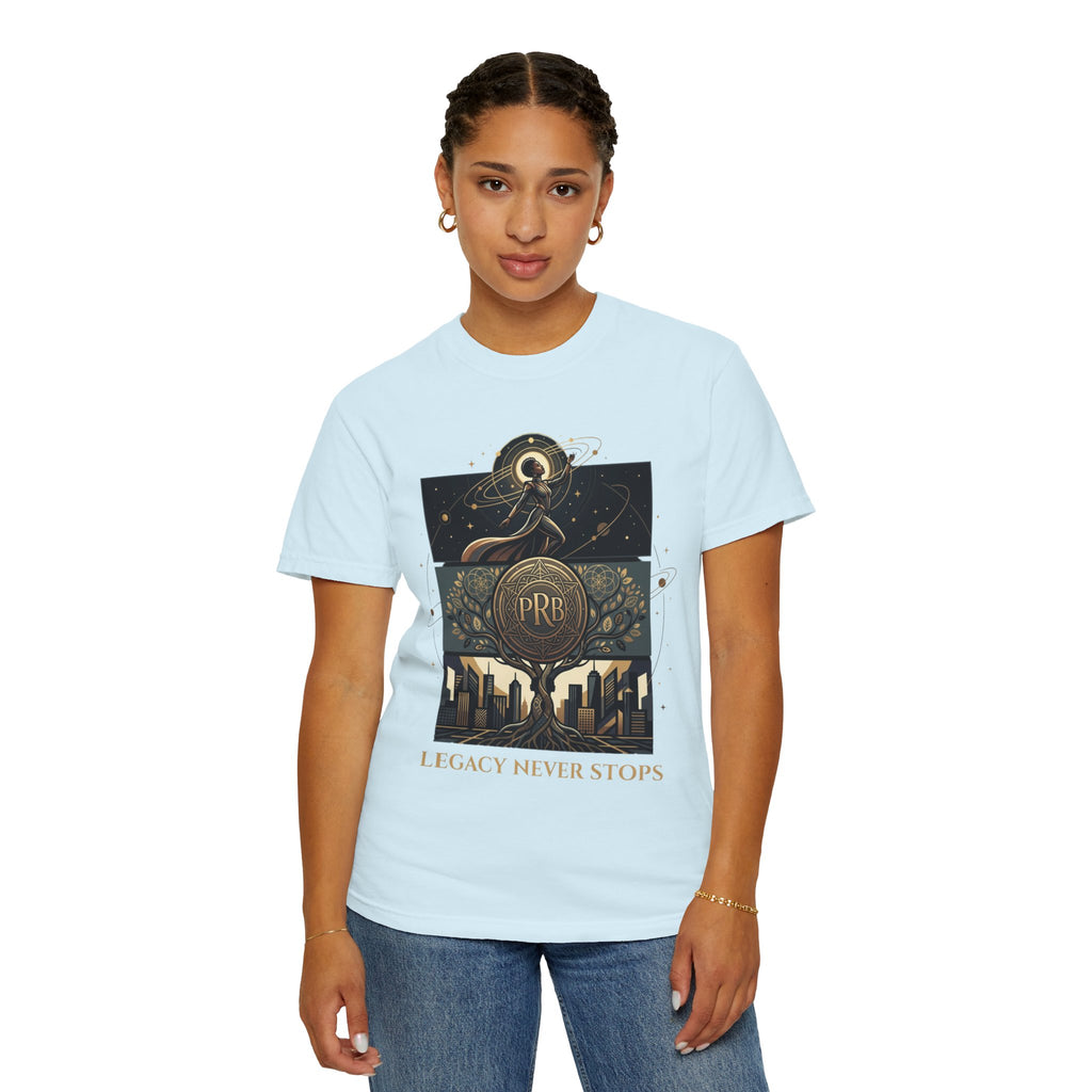 PRB Legacy Never Stops Graphic T-Shirt | Art Deco City Skyline Tee by Printify