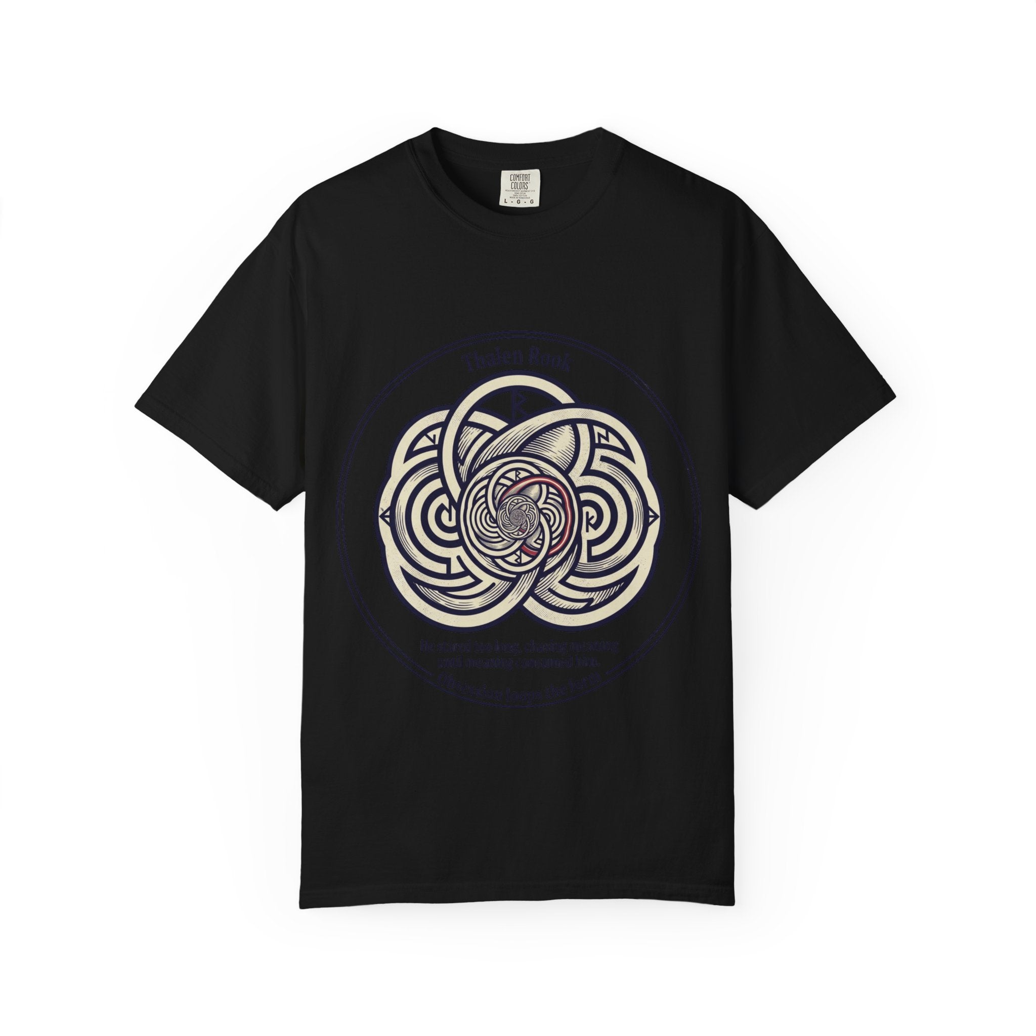 Power Runs Black PRB Thalen Rook Celtic Knot Graphic T-Shirt — "He stared too long..." Quote Tee by Printify