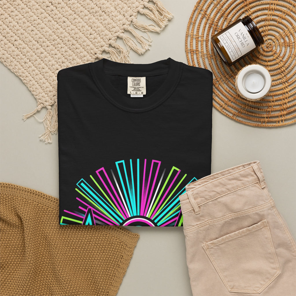 Power Runs Black PRB Electric "Move With Pulse" Graphic T-Shirt — Neon Sunburst Design by Power Runs Black