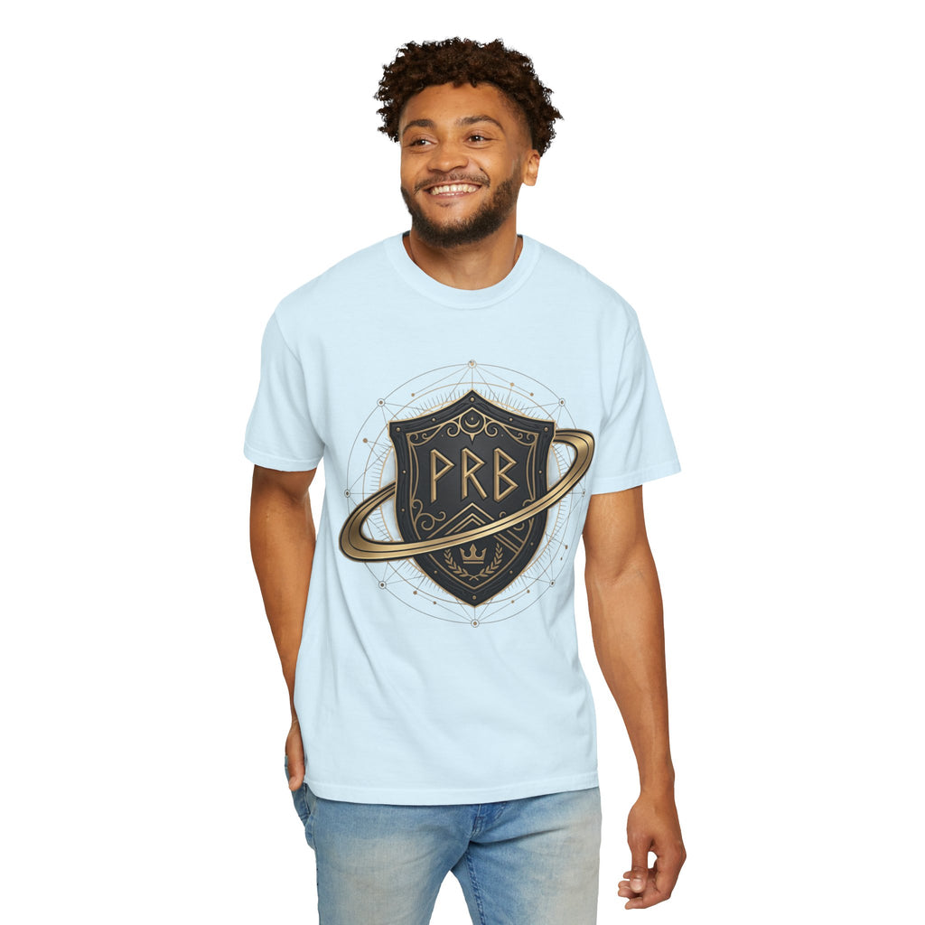 Power Runs Black Astral Crest Shield PRB T-Shirt | Saturn Ring Emblem, Gothic Heraldry by Printify