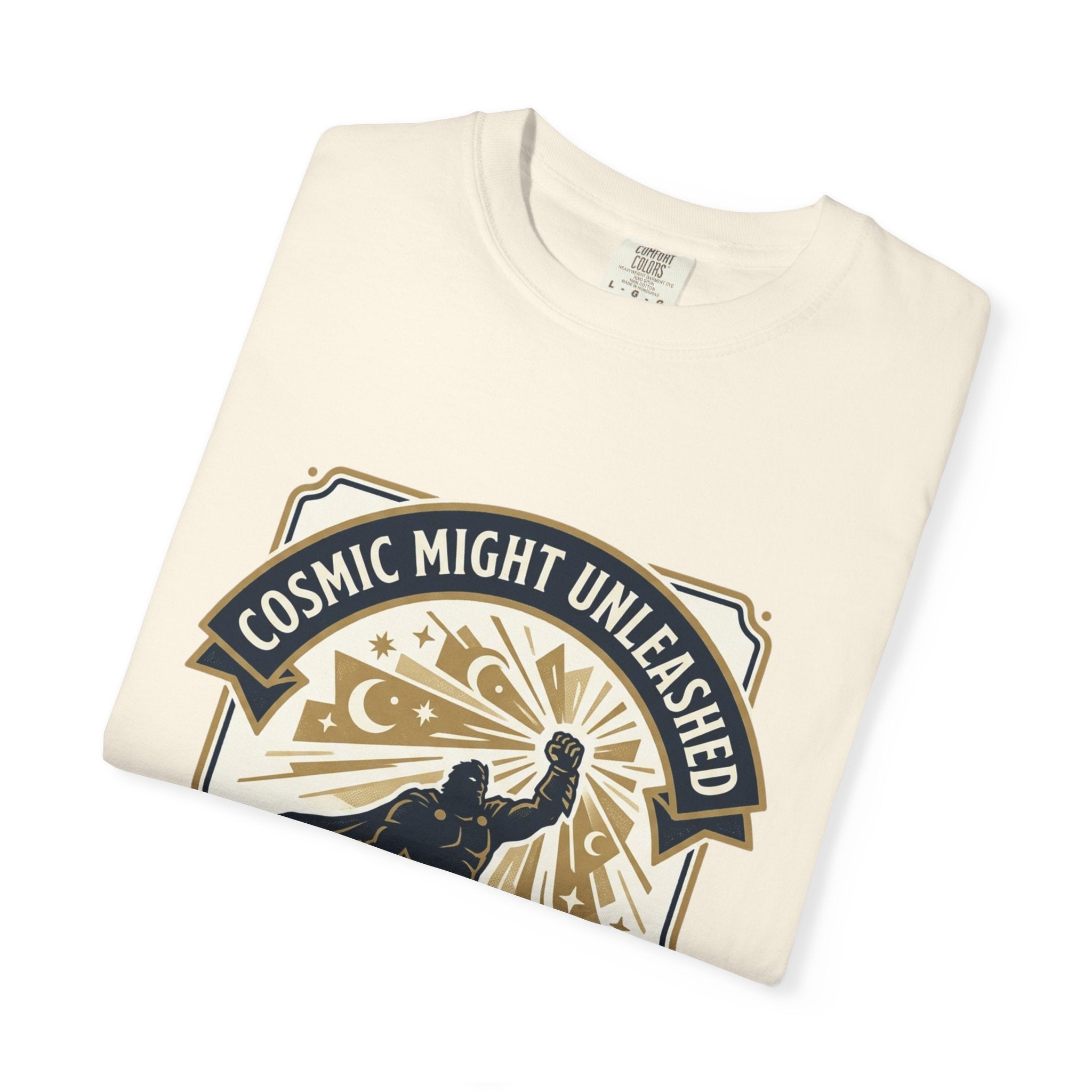 PRB Starforged Flex Cosmic Might Unleashed T-Shirt — Retro Superhero Space Graphic ('Power Does Not Rise, It Returns') by Power Runs Black