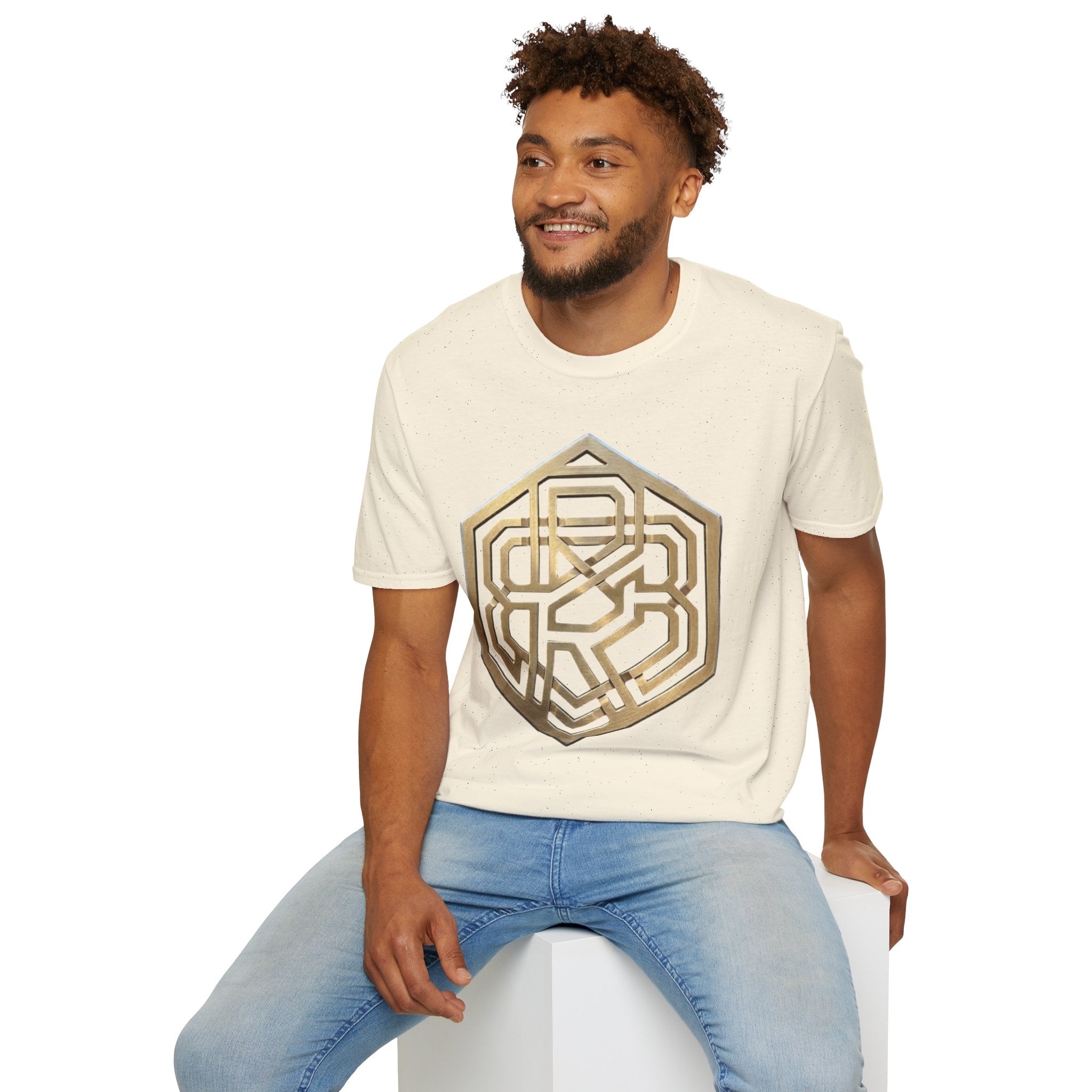 Power Runs Black PRB Geometric Gold Hexagon T-Shirt — Modern Maze Logo Tee by Printify