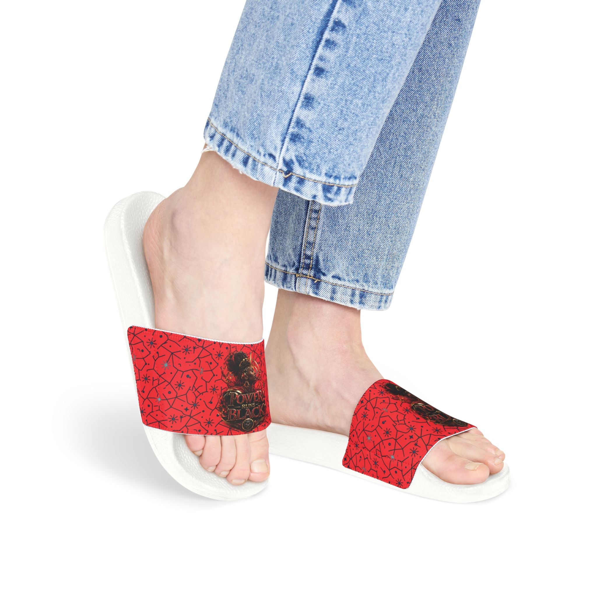 Power Runs Black Removable-Strap Sandals - Red Floral Pattern Slide Sandals for Women by Power Runs Black