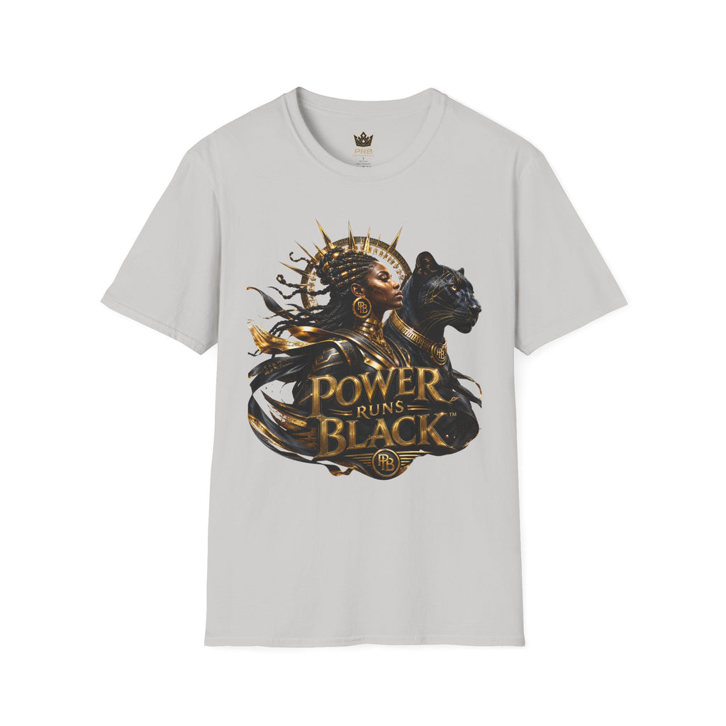 Power Runs Black PRB | Black Woman Portrait, Gold Accents Panther Graphics T by Power Runs Black