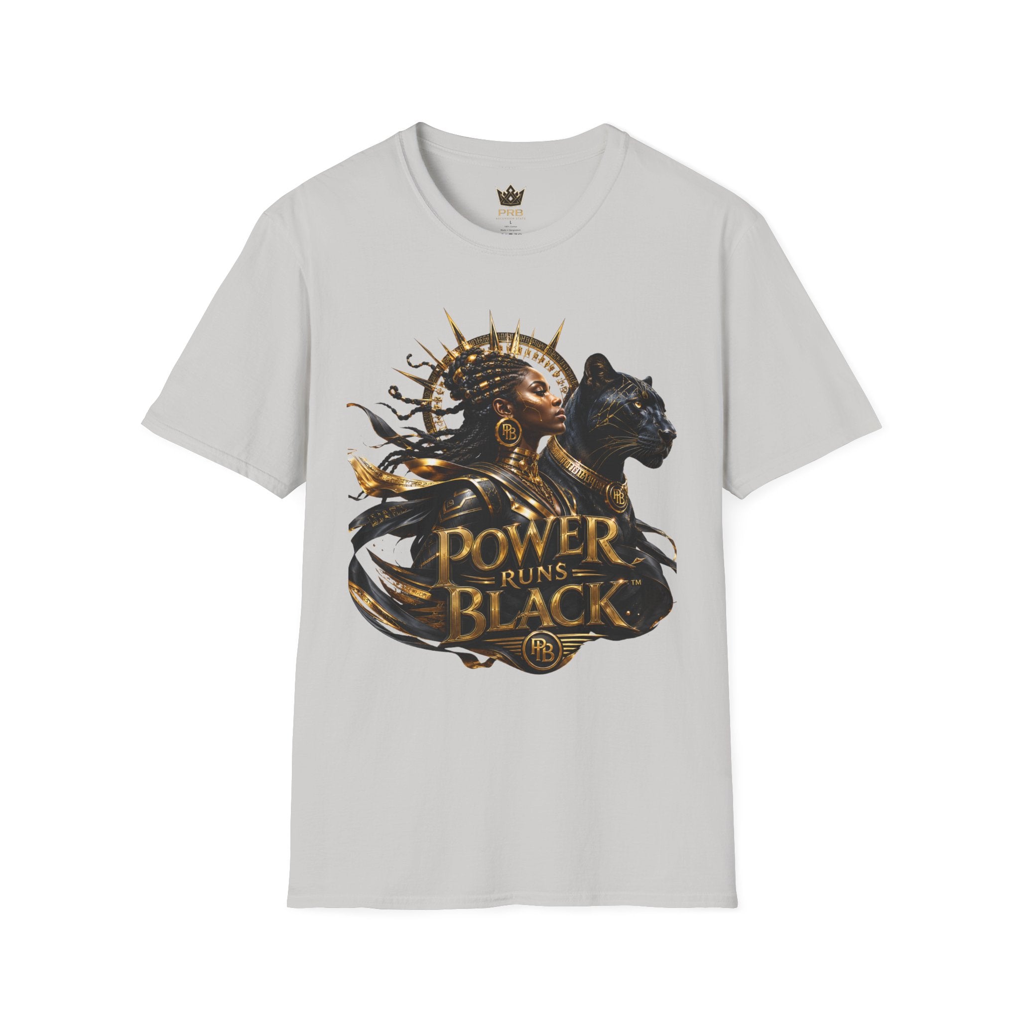 Power Runs Black PRB | Black Woman Portrait, Gold Accents Panther Graphics T by Power Runs Black