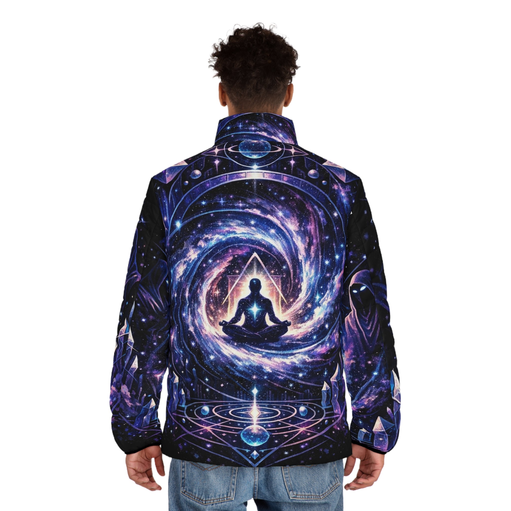 PRB Meditating Astral Galaxy Men's Puffer Jacket | Cosmic Yoga Spiral by Power Runs Black