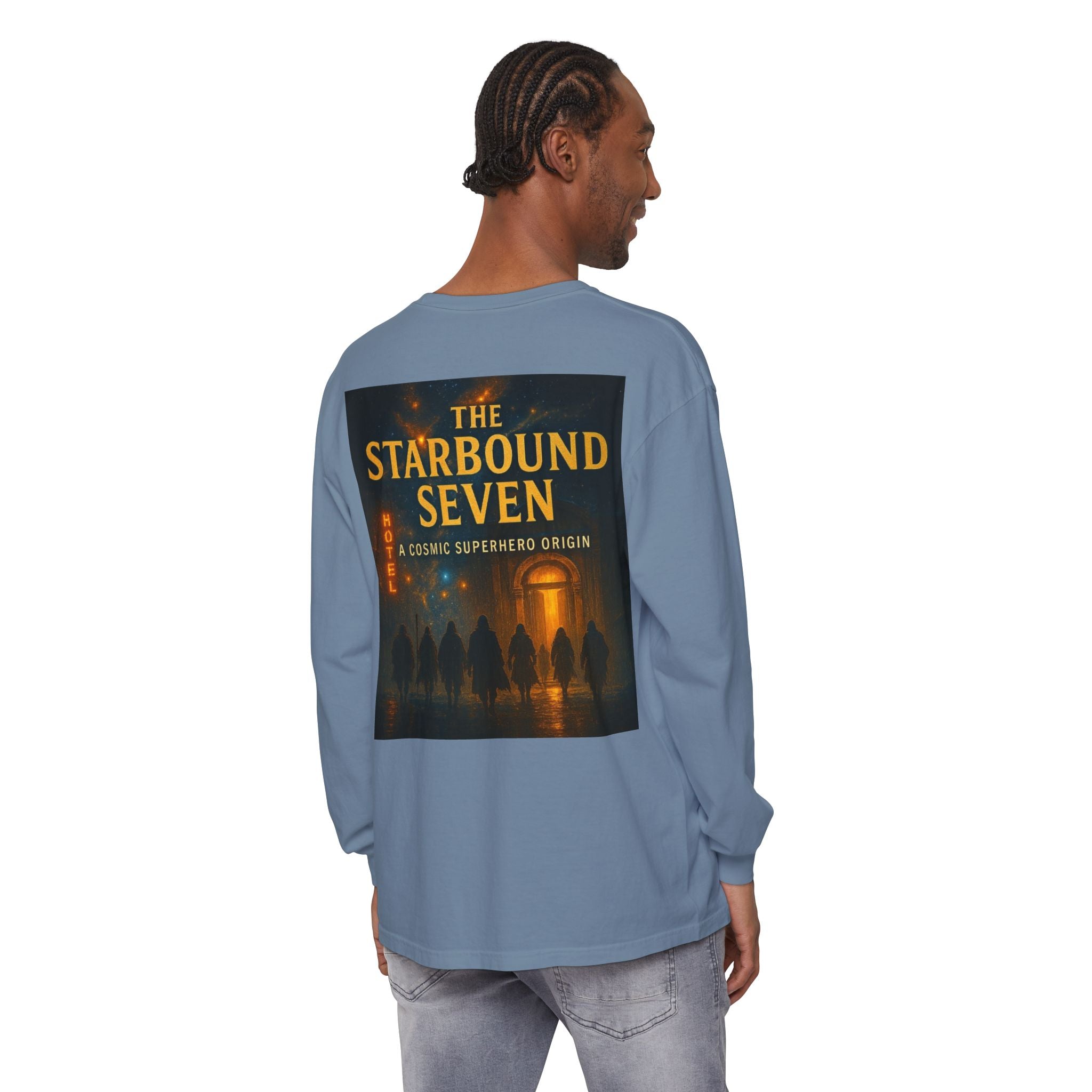 PRB The Starbound Seven graphic long sleeve shirt | cosmic superhero poster by Power Runs Black
