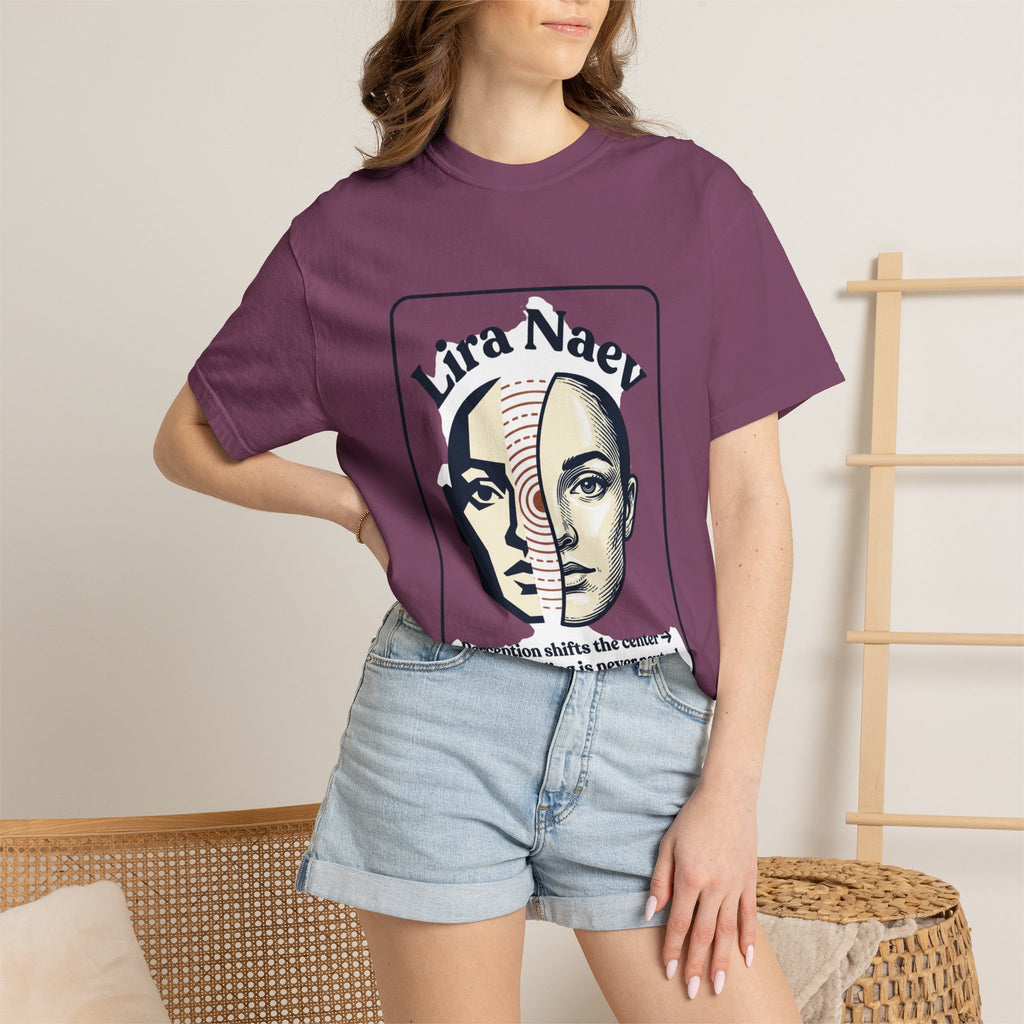 Power Runs Black PRB Lira Naev Split-Face Graphic T-Shirt — “Perception shifts the center” Statement Tee by Printify