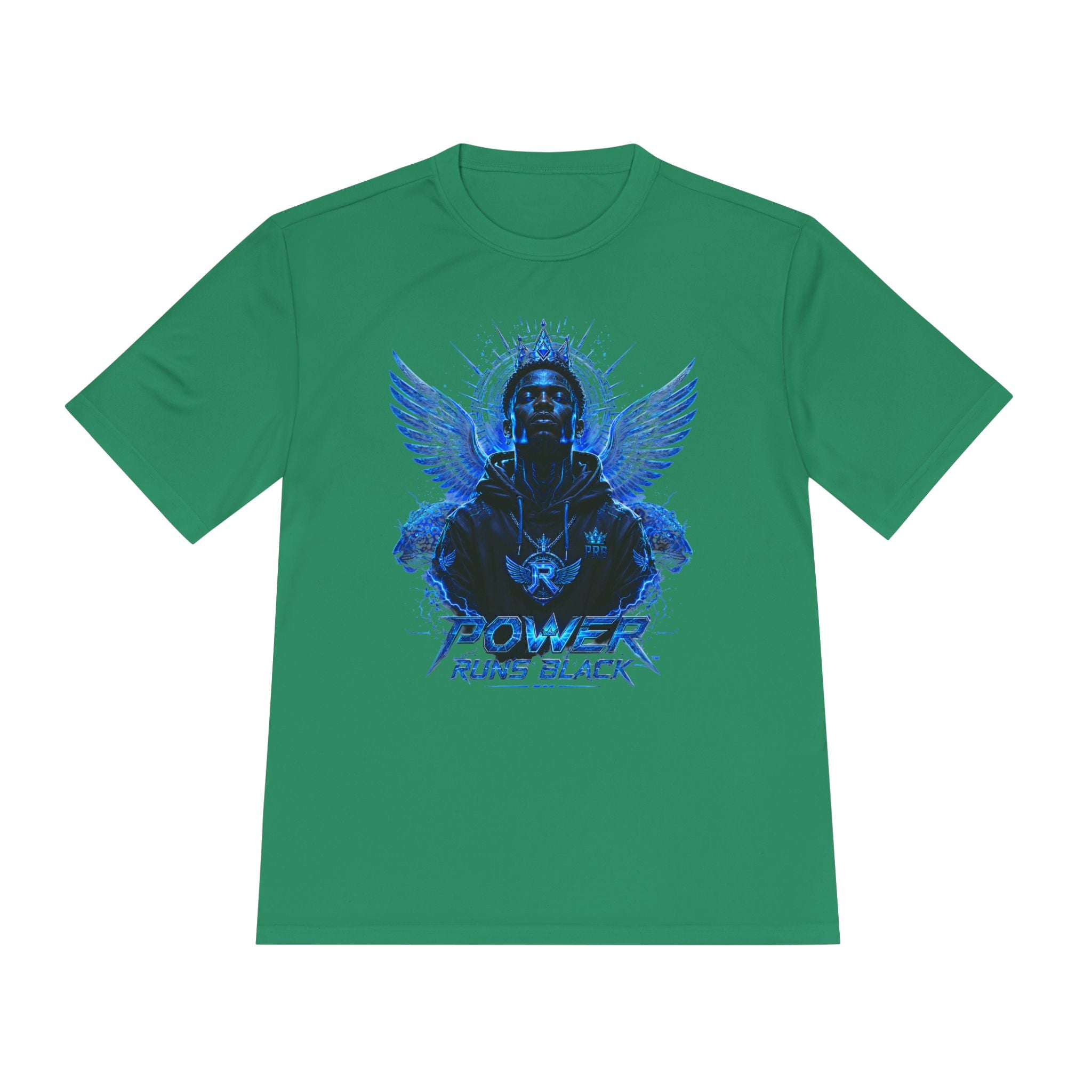 Power Runs Black graphic Tee | Blue angel wings, armored figure, bold script by Power Runs Black