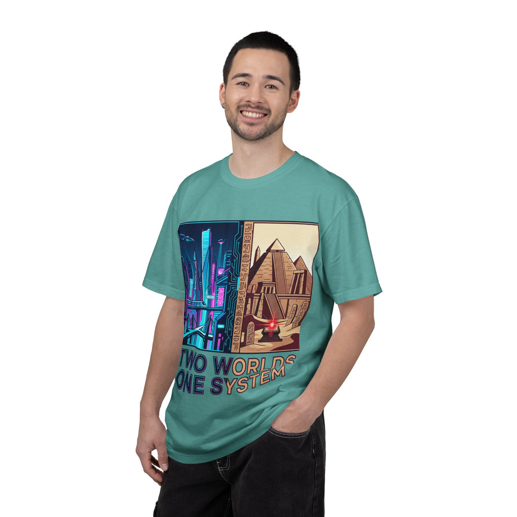 Power Runs Black PRB Blue Technopolis/ Red Dominion Two Worlds One System T-Shirt by Power Runs Black