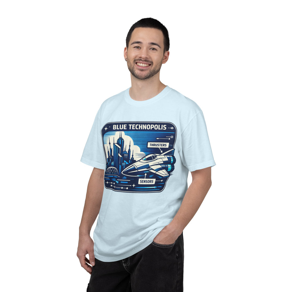 Power Runs Black PRB Technopolis Spacecraft T-Shirt — Blue Technopolis Retro Sci‑Fi Tee by Printify