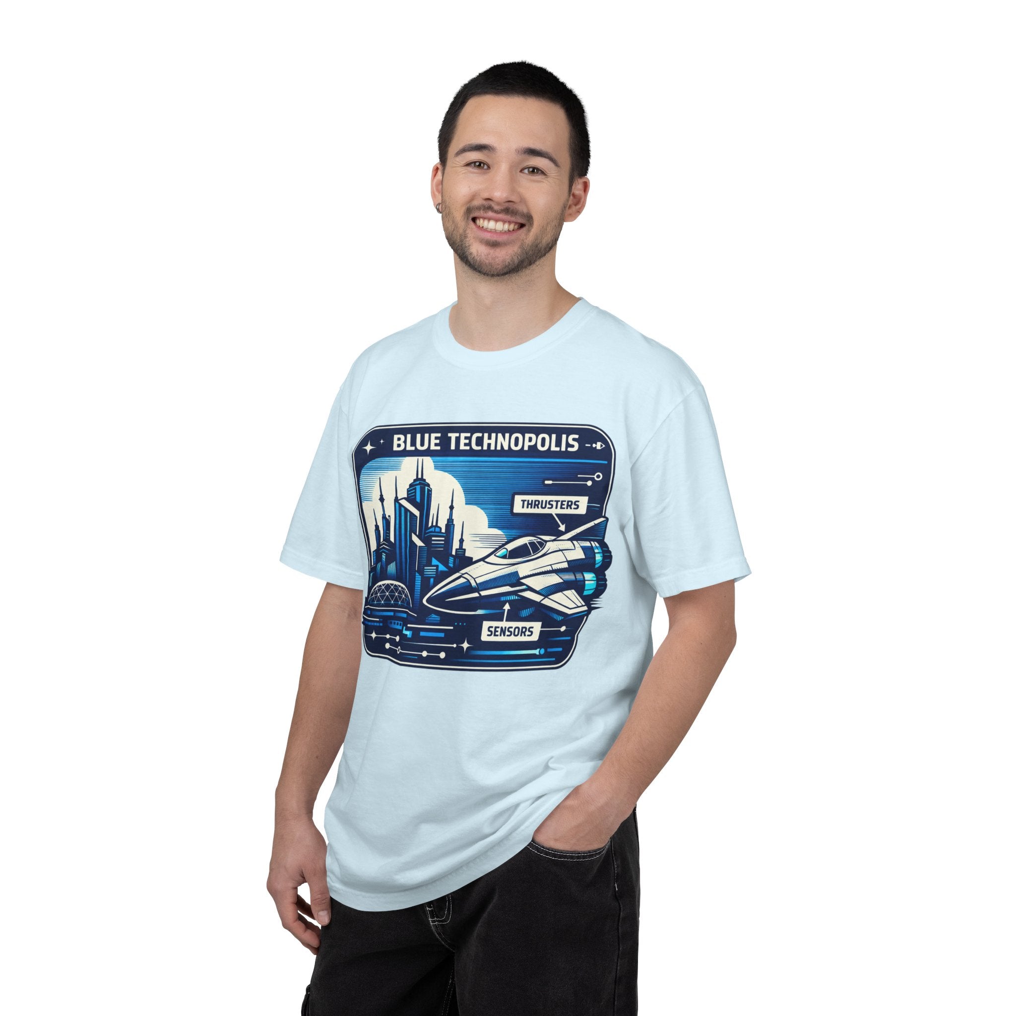 Power Runs Black PRB Technopolis Spacecraft T-Shirt — Blue Technopolis Retro Sci‑Fi Tee by Printify