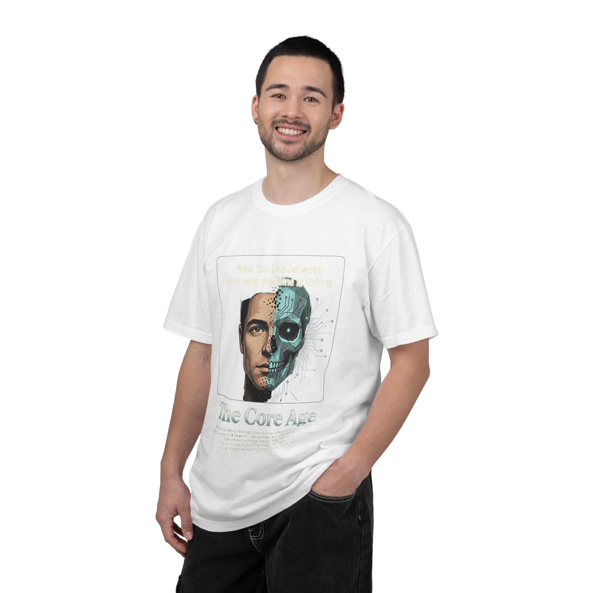 Power Runs Black AI Fusion Graphic T-Shirt — "The Core Age" Split Face Design by Power Runs Black