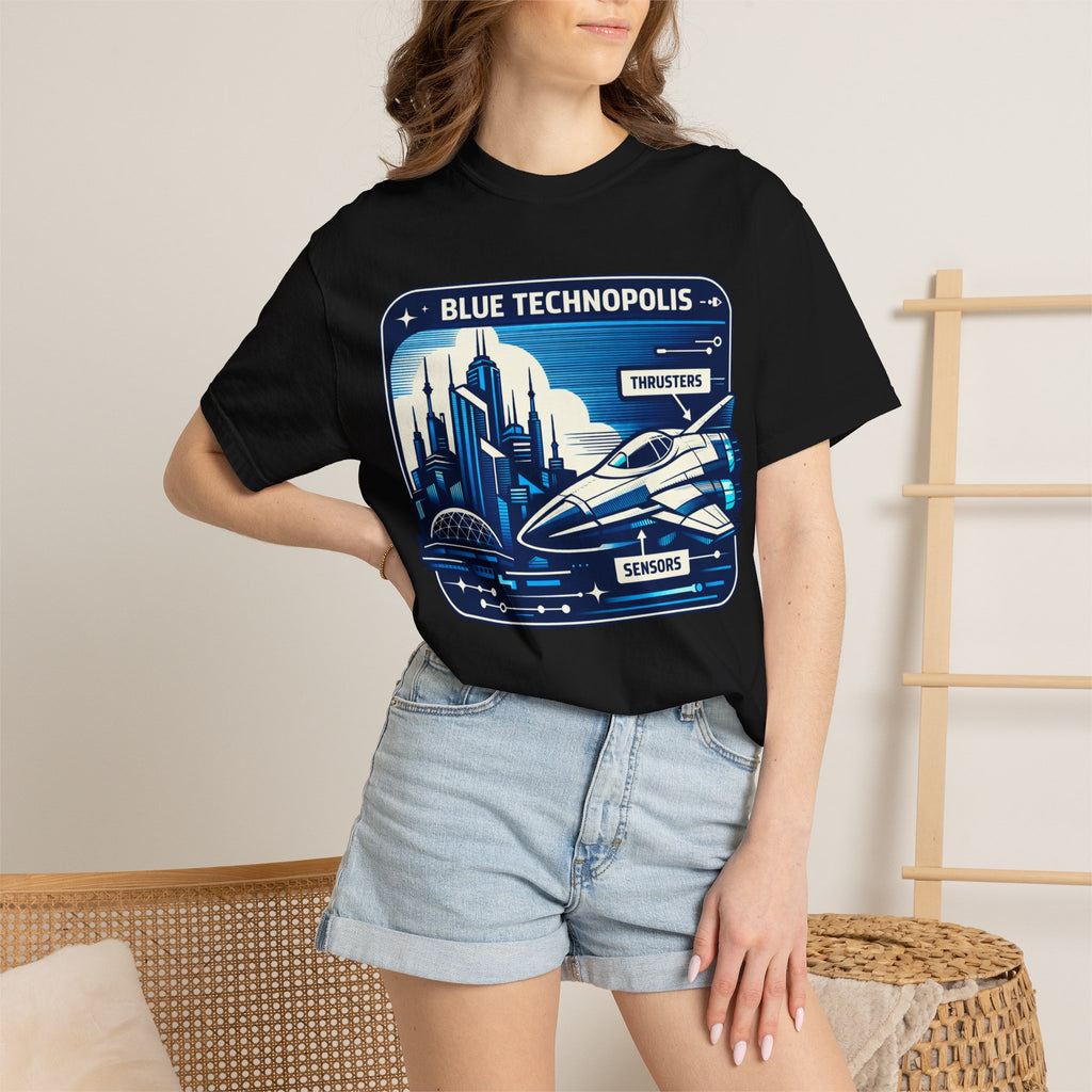 Power Runs Black PRB Technopolis Spacecraft T-Shirt — Blue Technopolis Retro Sci‑Fi Tee by Power Runs Black