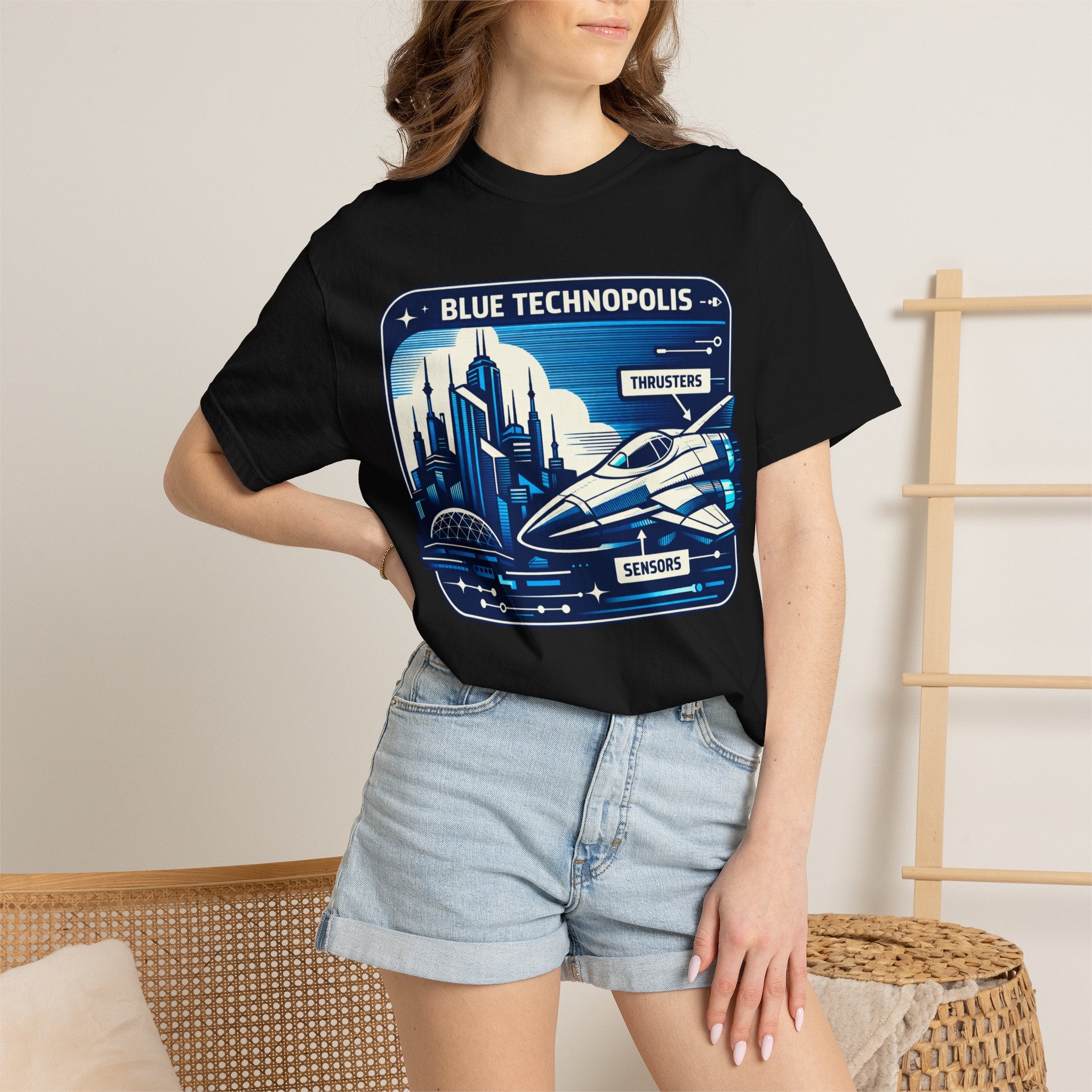Power Runs Black PRB Technopolis Spacecraft T-Shirt — Blue Technopolis Retro Sci‑Fi Tee by Power Runs Black