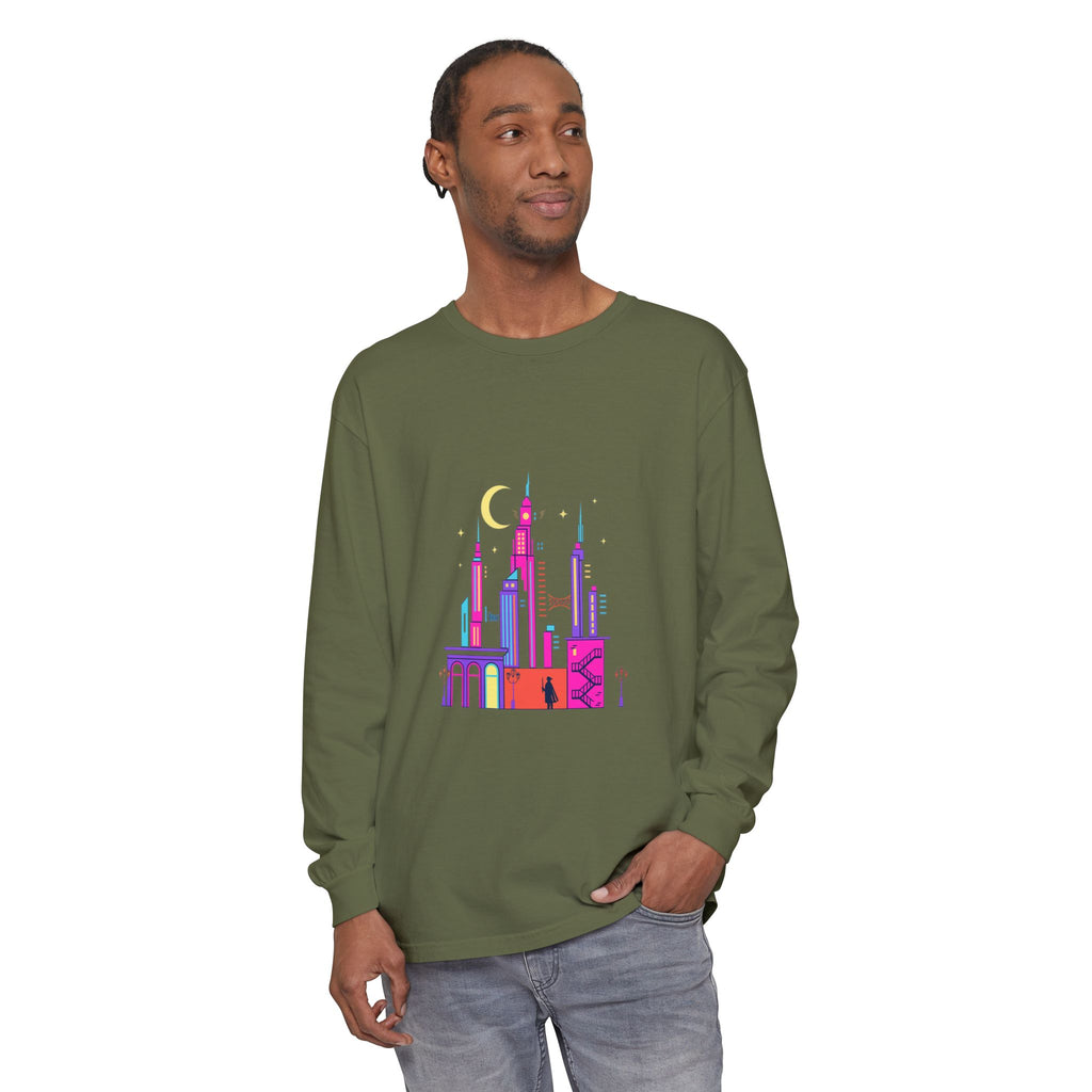 PRB Neon City Skyline Long Sleeve Shirt | Urban Nightscape Illustration by Power Runs Black