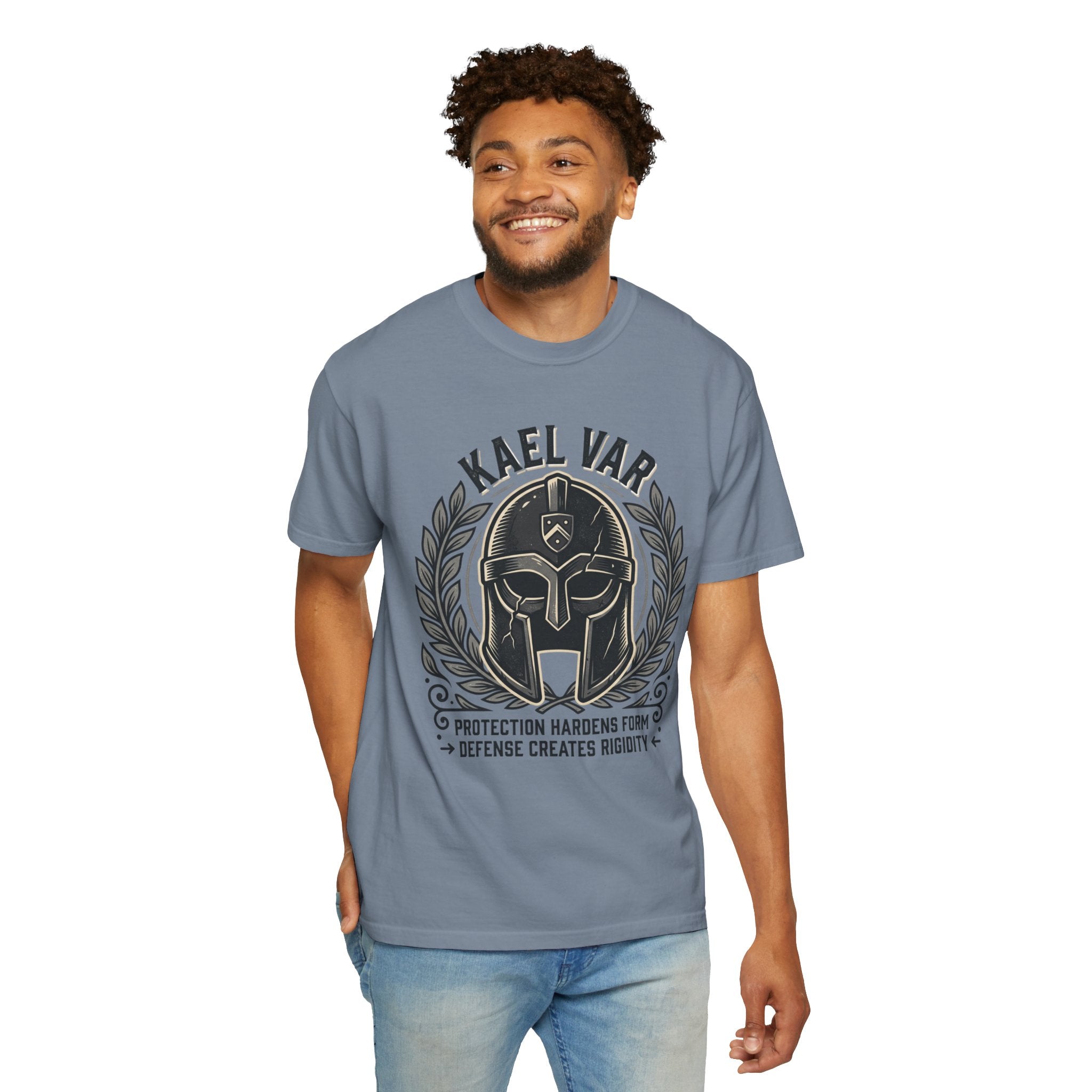 Power Runs Black PRB Kael Var Helmet Graphic T-Shirt — "Protection Hardens Form" Warrior Tee by Printify