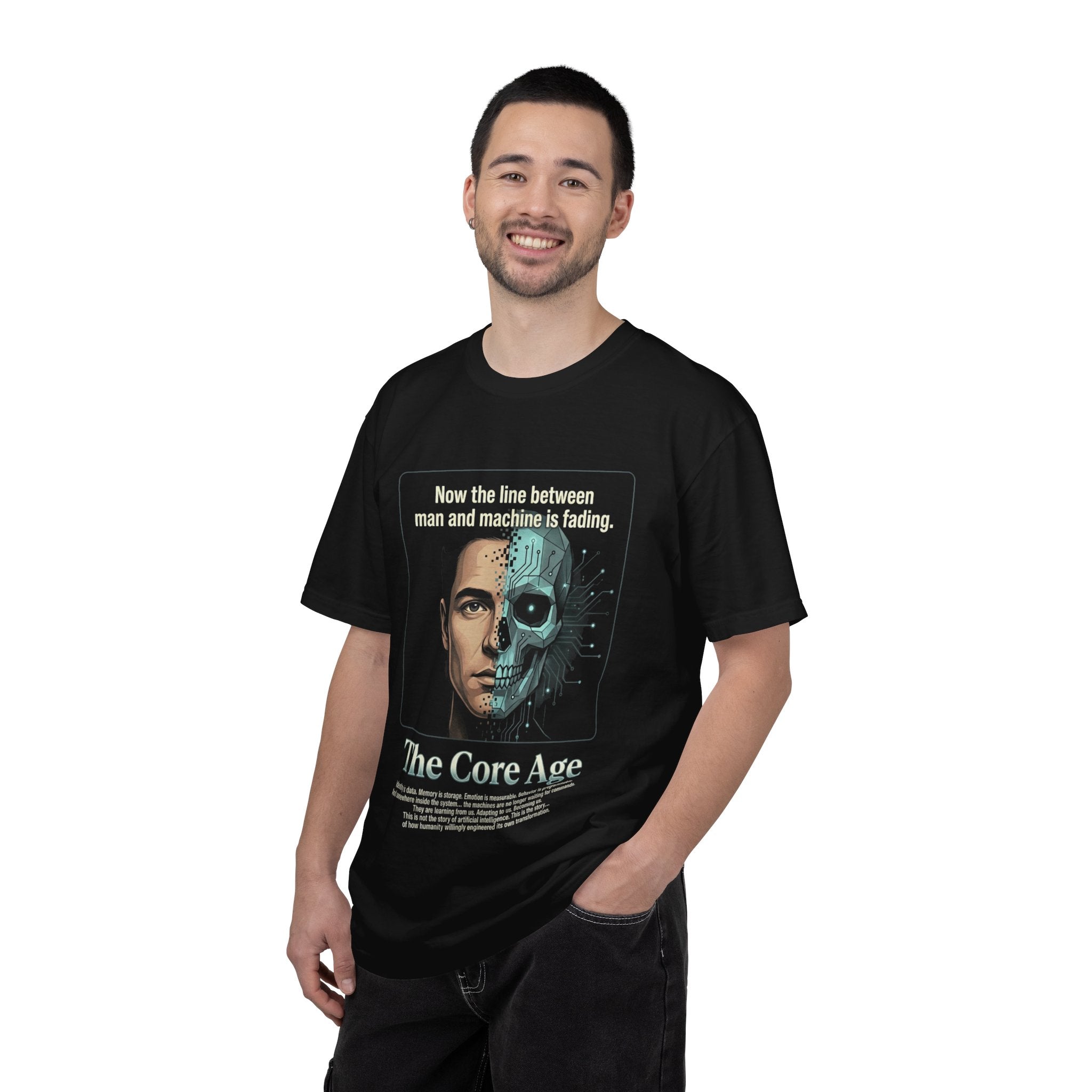 Power Runs Black AI Fusion Graphic T-Shirt — "The Core Age" Split Face Design by Power Runs Black