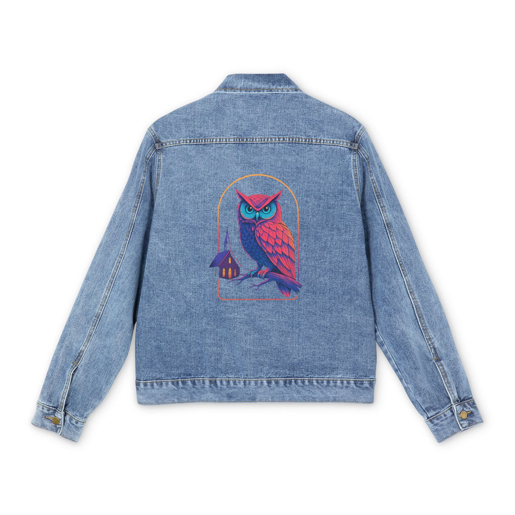 PRB Denim Jacket — Neon Owl Back Graphic Men's Denim Jacket by Power Runs Black