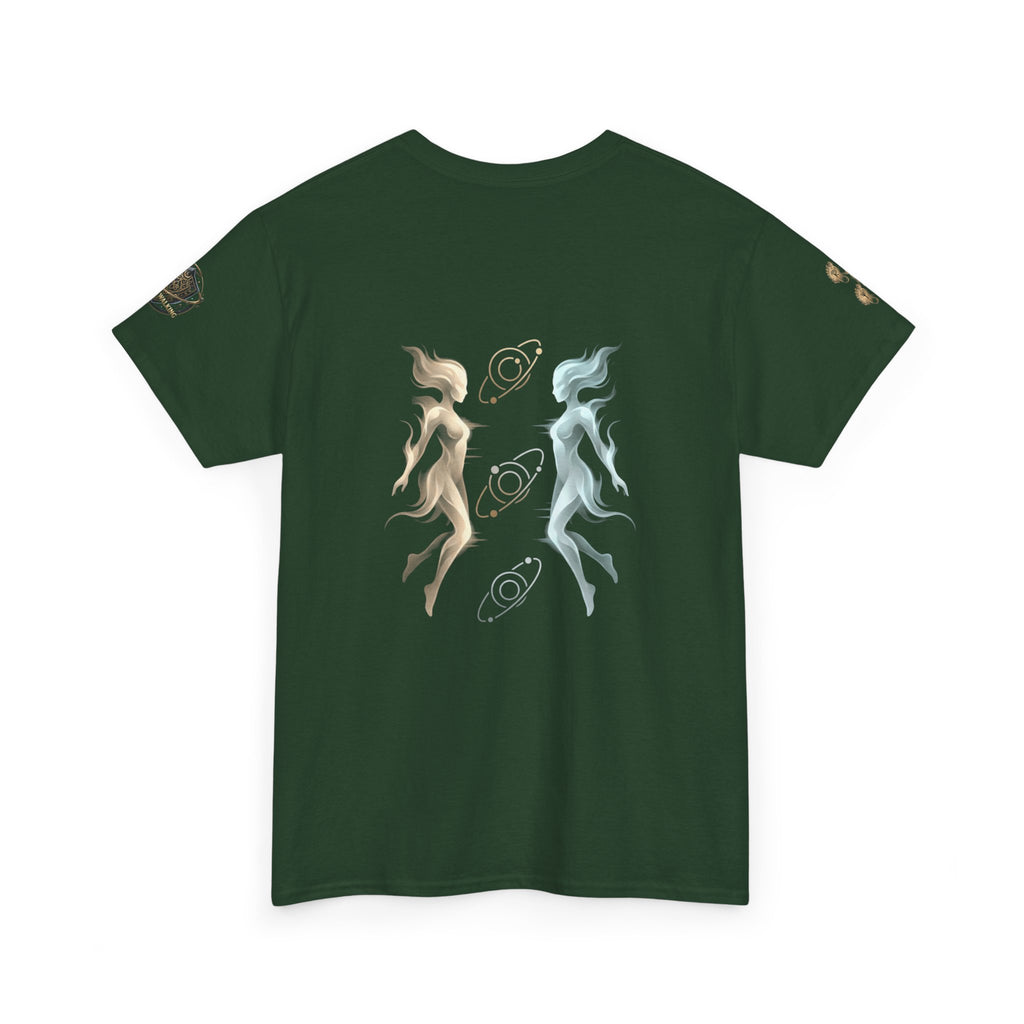 Power Runs Black Gemini Spirit Tee — Twin Sun & Moon Celestial Graphic T-Shirt by Printify