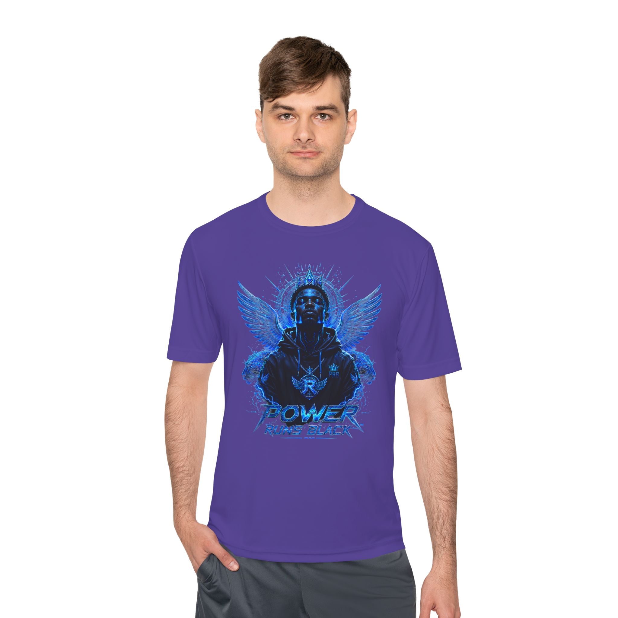 Power Runs Black graphic Tee | Blue angel wings, armored figure, bold script by Power Runs Black