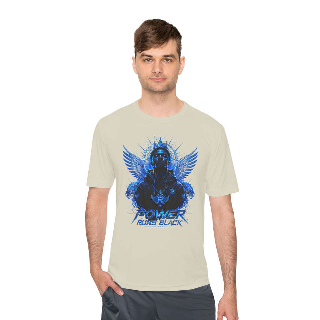 Power Runs Black graphic Tee | Blue angel wings, armored figure, bold script by Power Runs Black