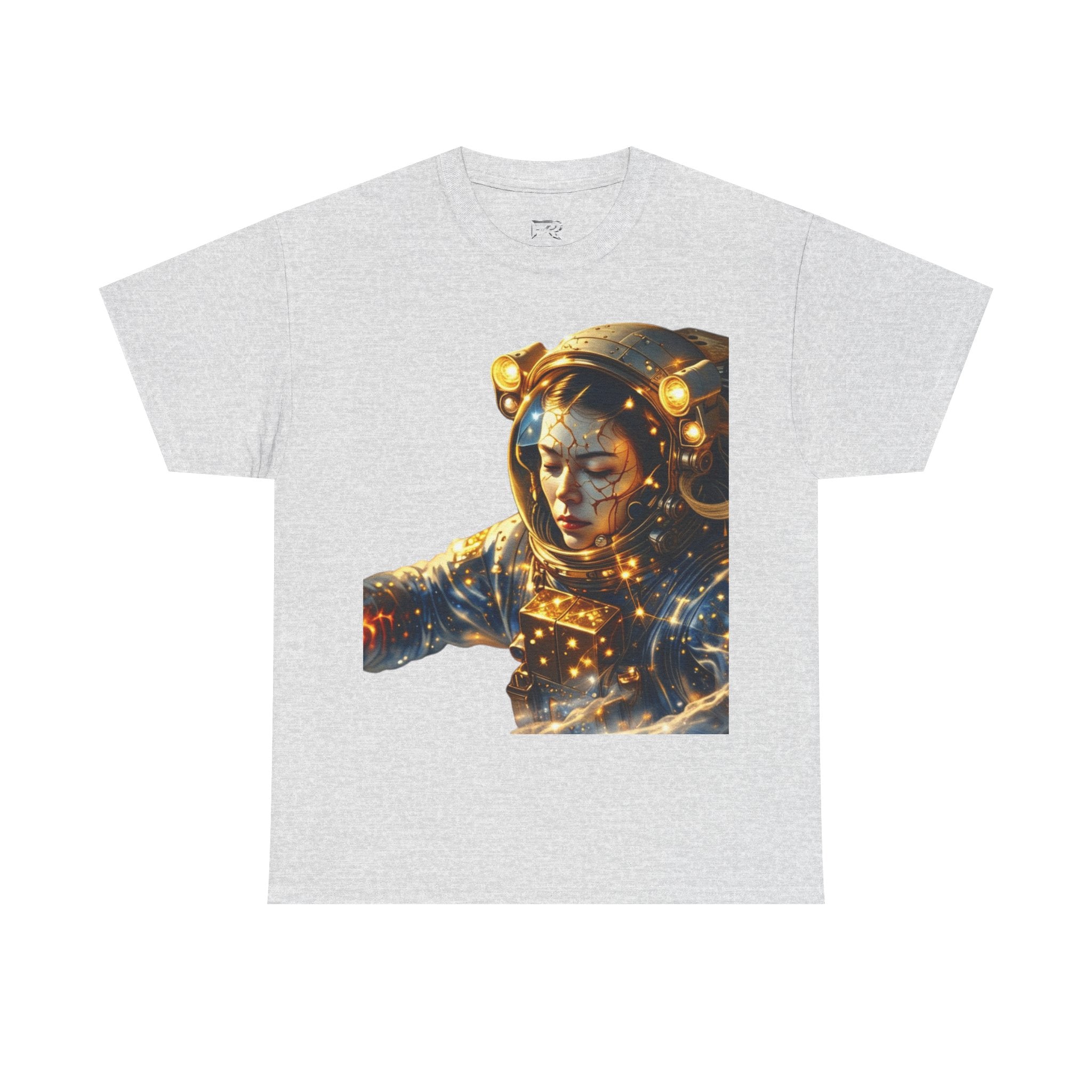 Power Runs Black PRB Golden Astronaut Portrait T-Shirt | Space Helmet Art, Cosmic Lights by Printify