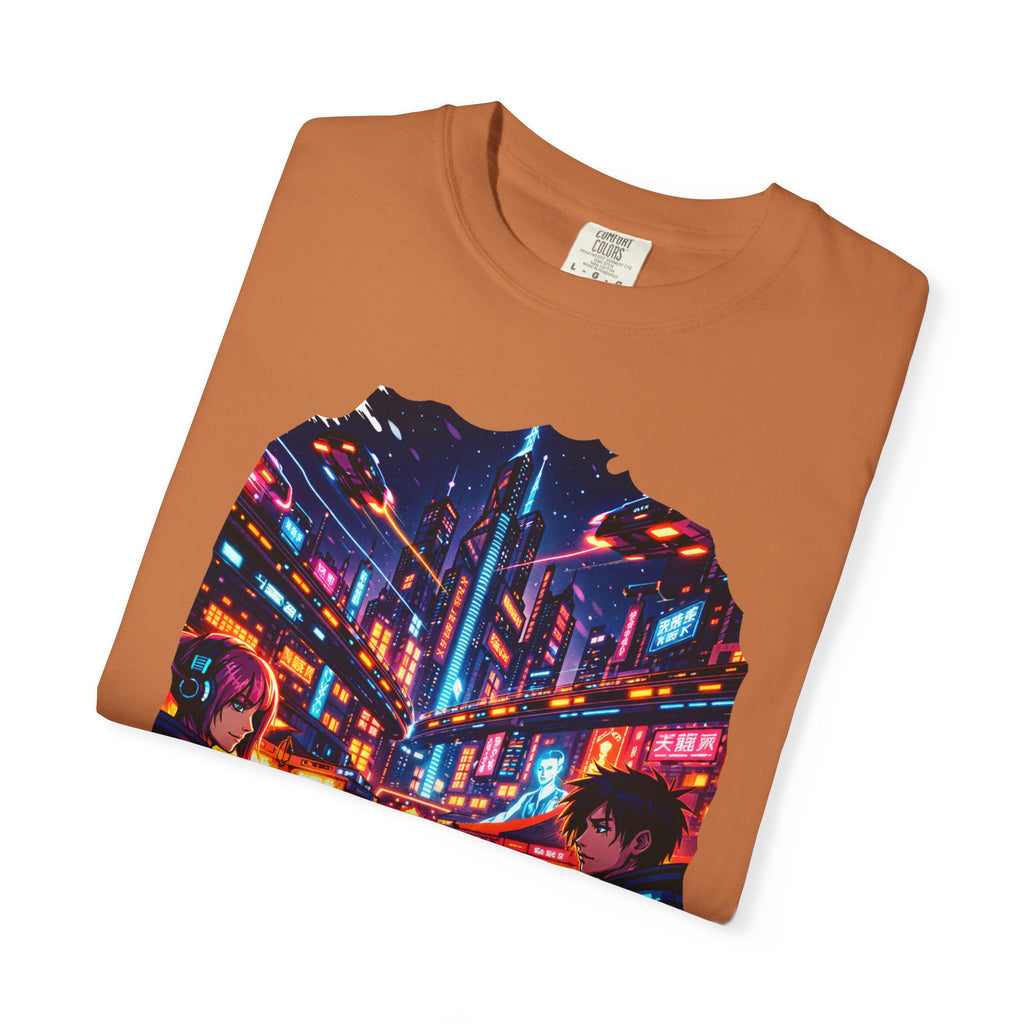 PRB Neon Cyberpunk Cityscape T-shirt | Anime Night Rain Streets by Power Runs Black