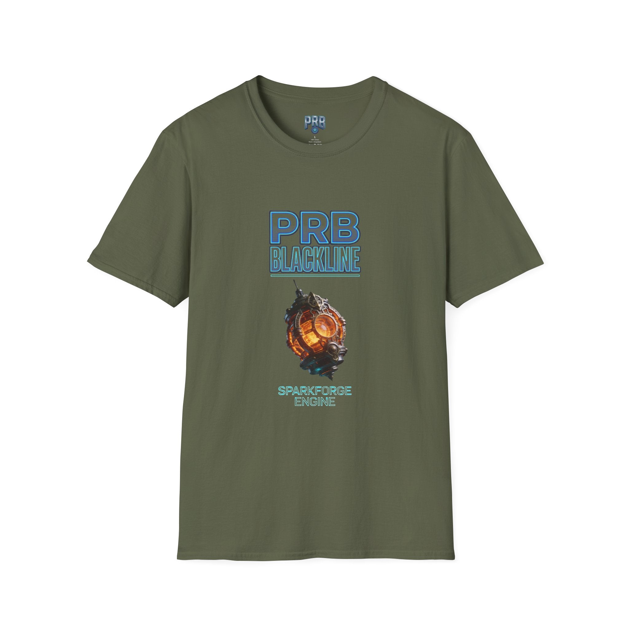 PRB Blackline Sparkforge Engine T‑Shirt — Sci‑Fi Mechanical Graphic Tee by Power Runs Black