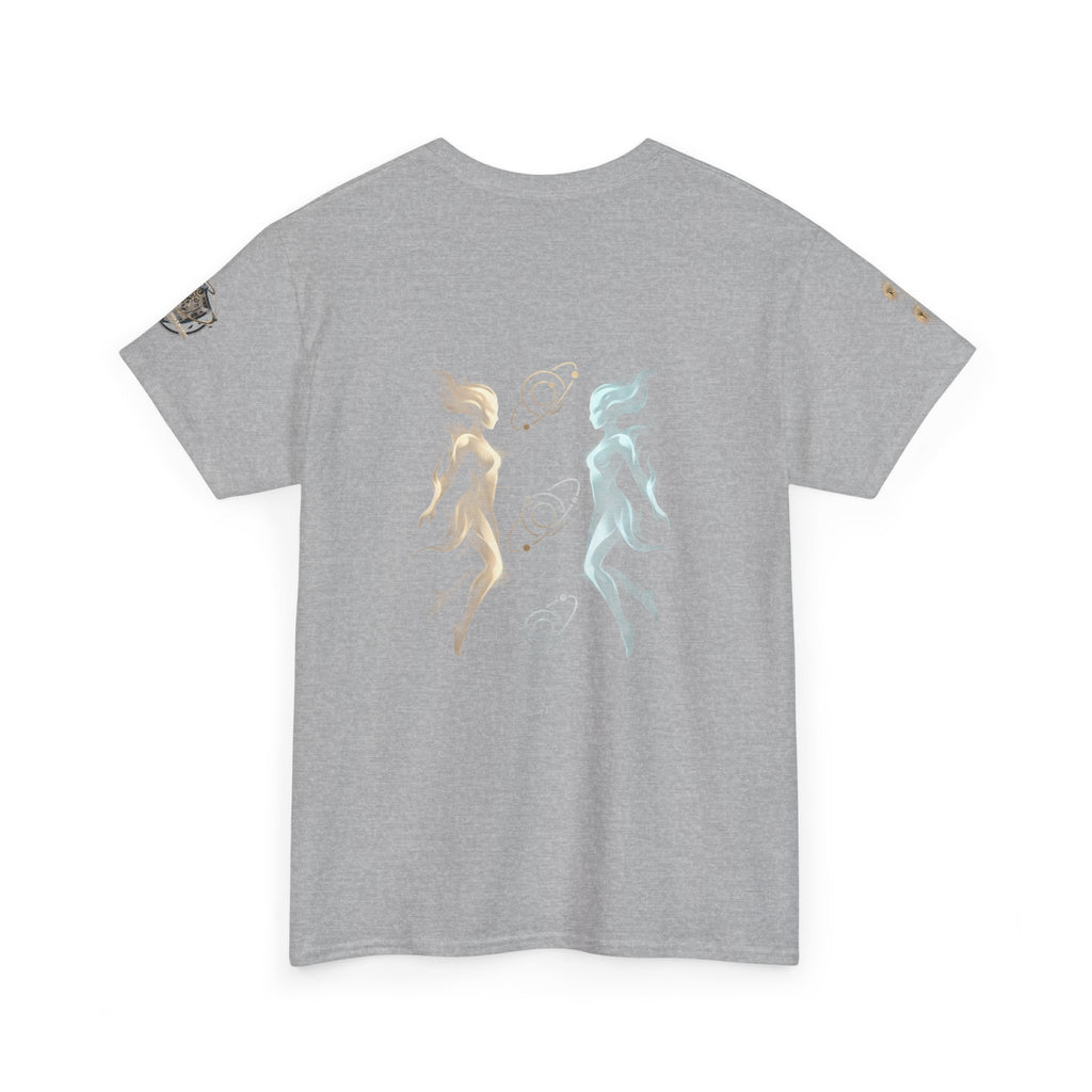 Power Runs Black Gemini Spirit Tee — Twin Sun & Moon Celestial Graphic T-Shirt by Printify