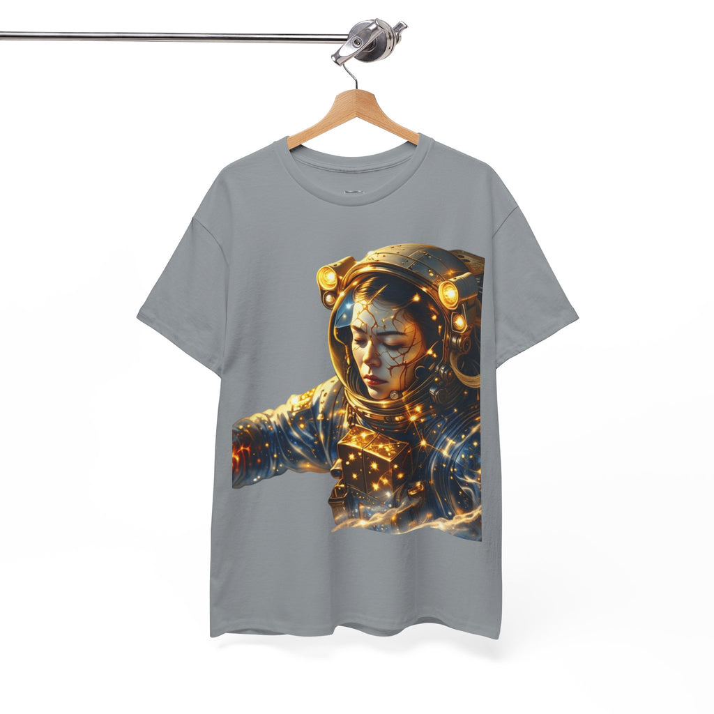 Power Runs Black PRB Golden Astronaut Portrait T-Shirt | Space Helmet Art, Cosmic Lights by Printify
