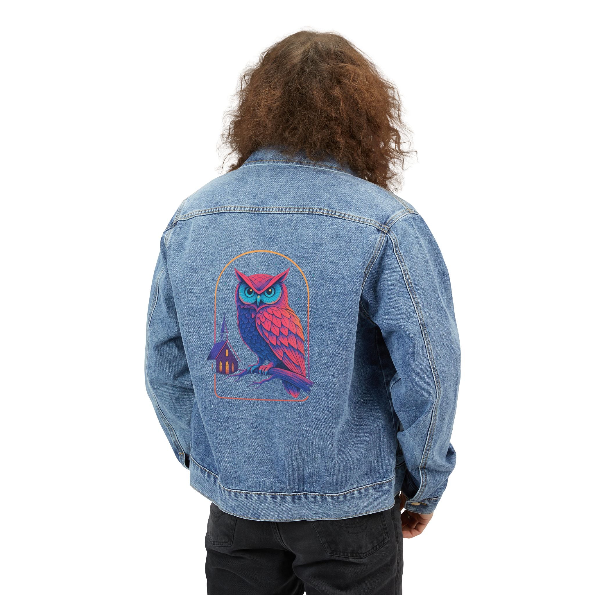 PRB Denim Jacket — Neon Owl Back Graphic Men's Denim Jacket by Power Runs Black