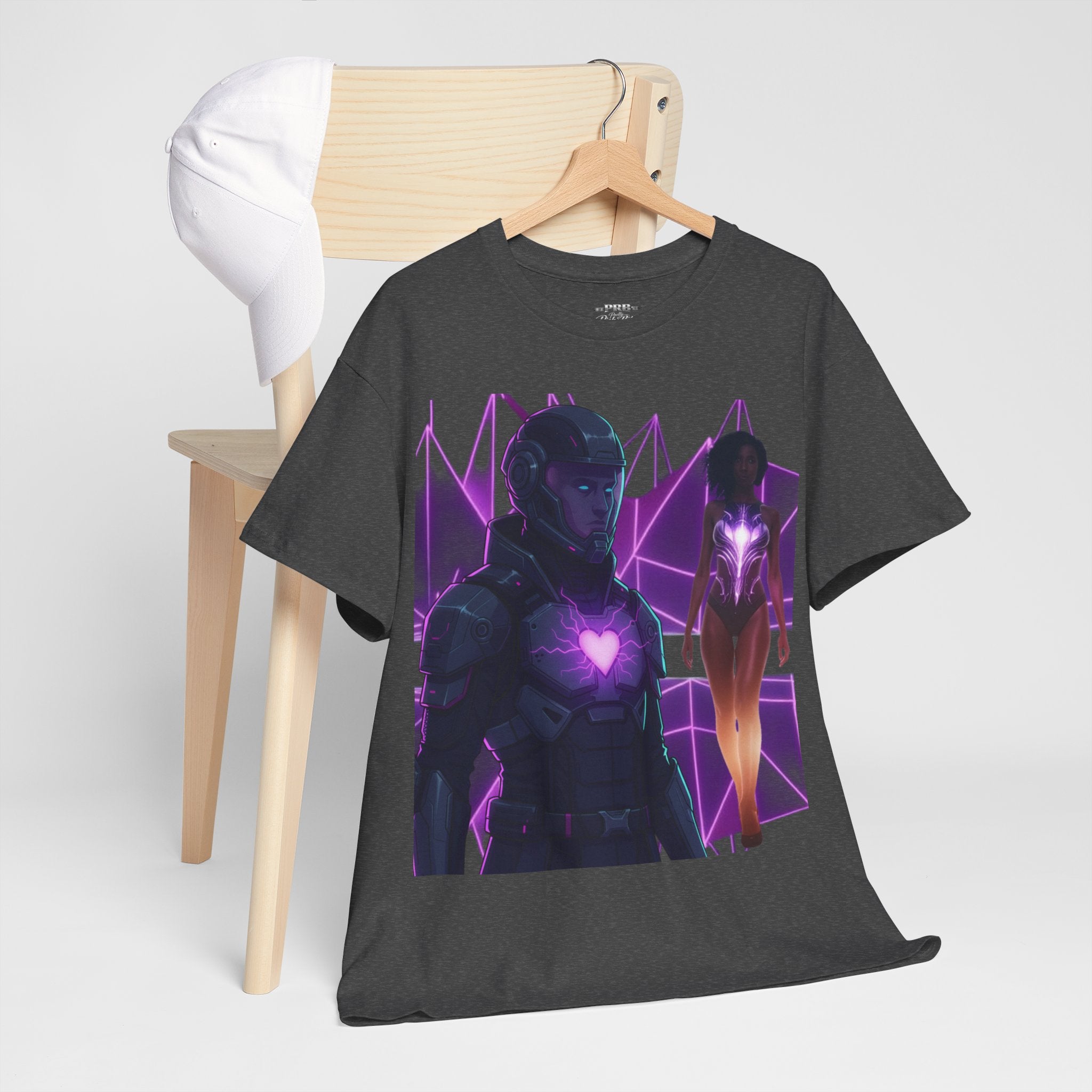 Power Run Black PRB Pretty Rich Bitch The Collection Purple Heart Cyberpunk Knight T-Shirt | Futuristic Armor Sci‑Fi Tee by Printify